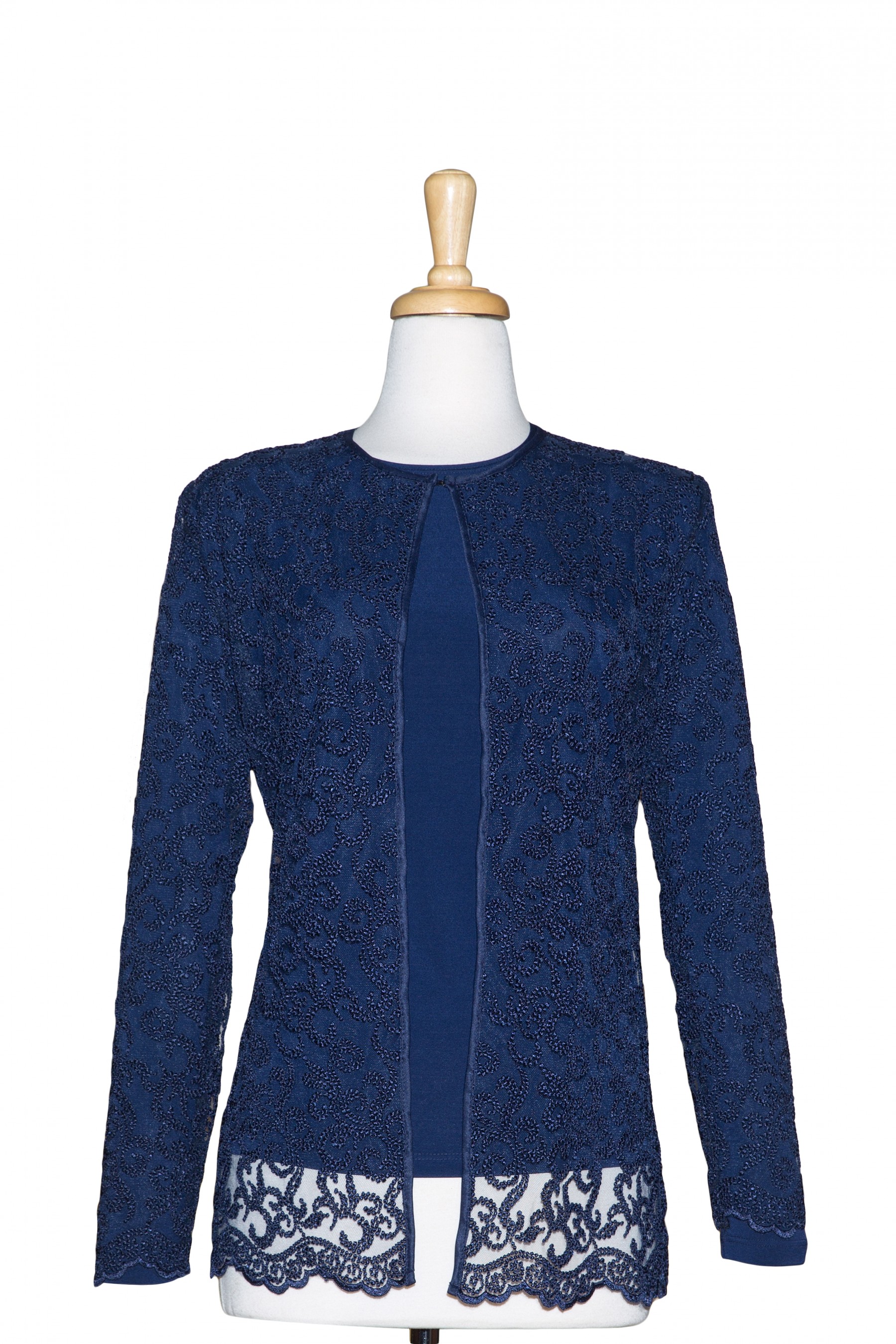 Two Piece Navy Embroidered Lace with Long Sleeve Top