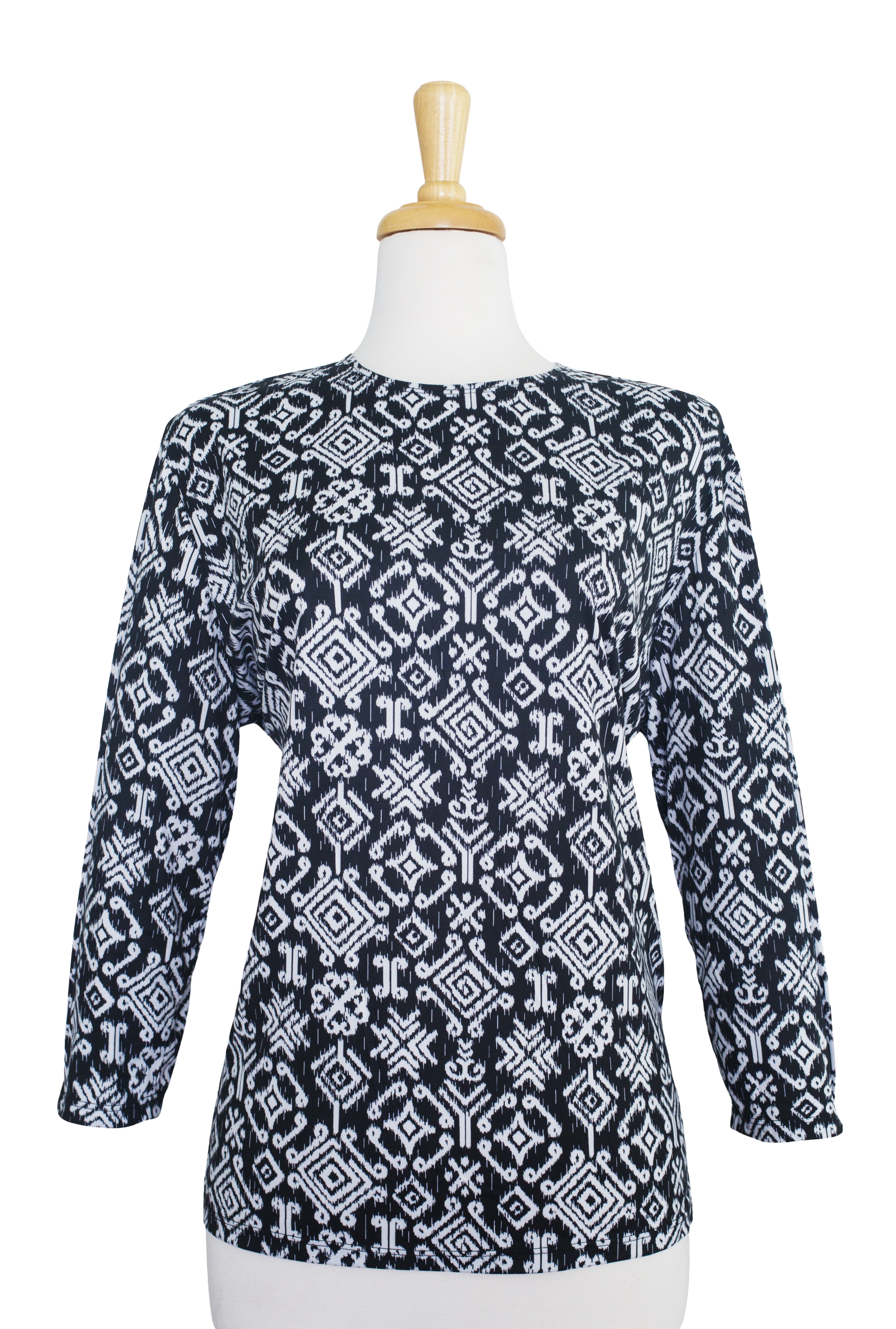 Plus Size Black and White Geometric 3/4 Sleeve  Cotton Top 