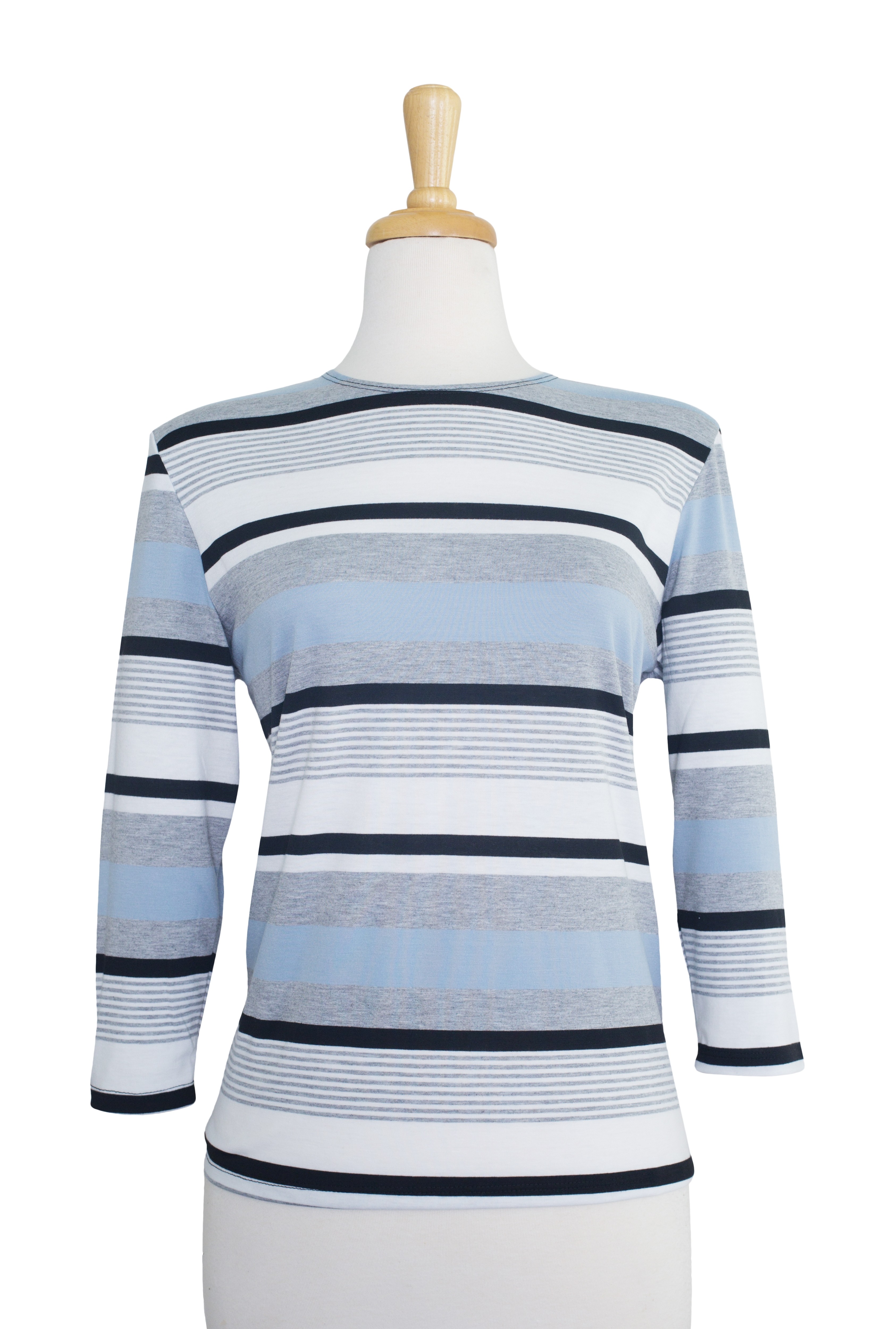 Plus Size Light Blue, Ivory and Grey 3/4 Sleeve  Cotton Top 