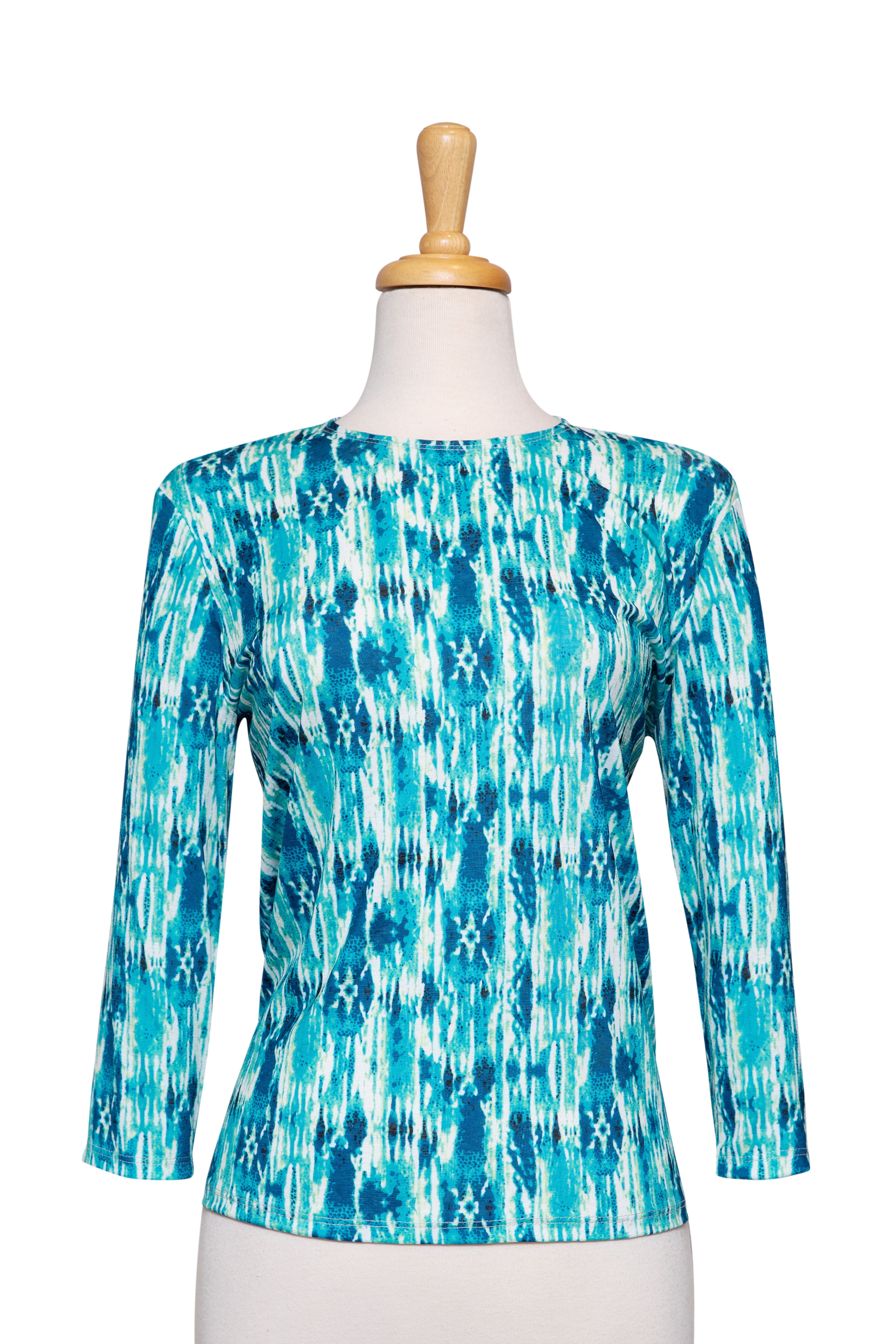 Teal, Blue and White Waterfall Microfiber 3/4 Sleeve Top 