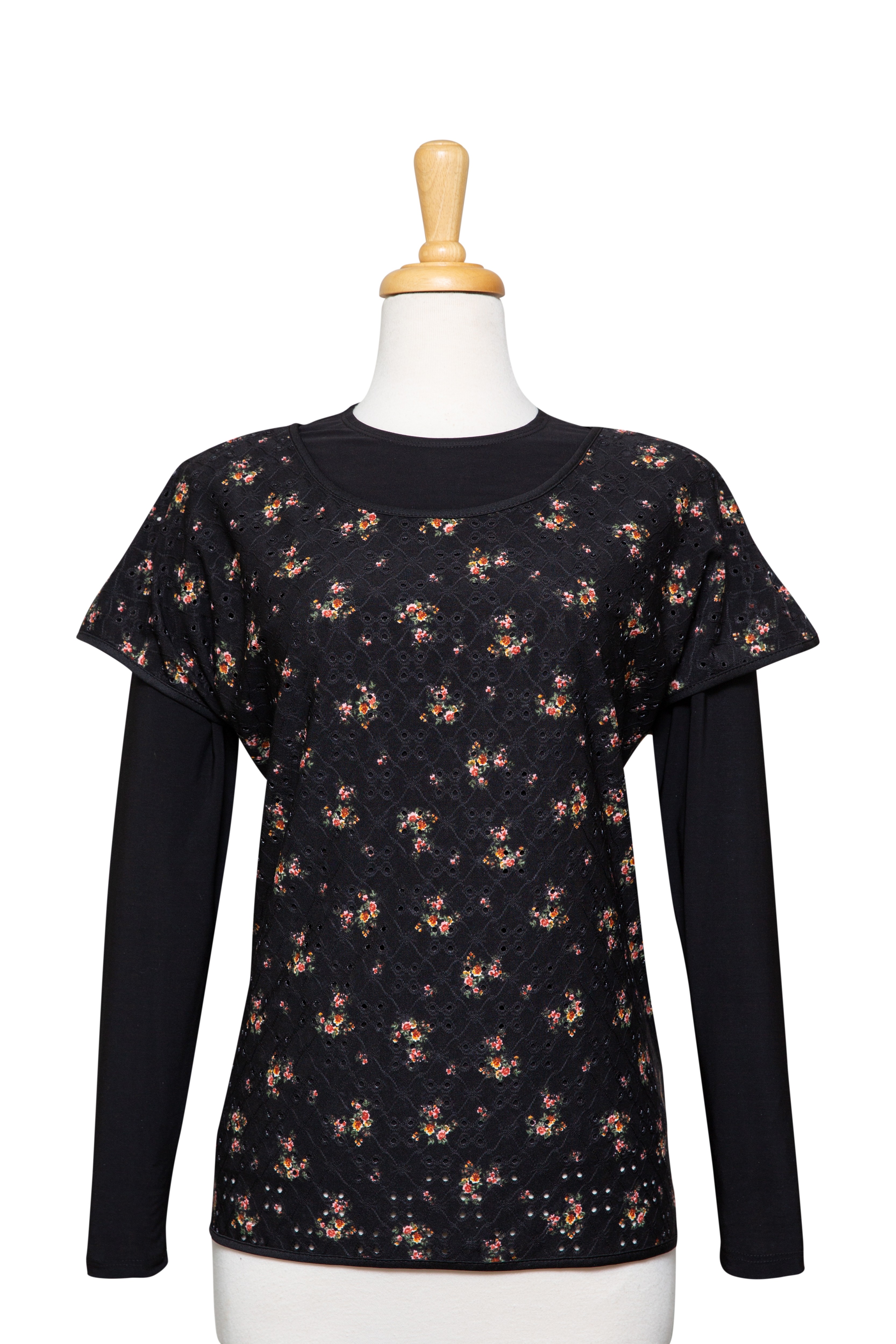 Black and Pumpkin Mini Floral Short Sleeve With Black Long Sleeve Microfiber Top