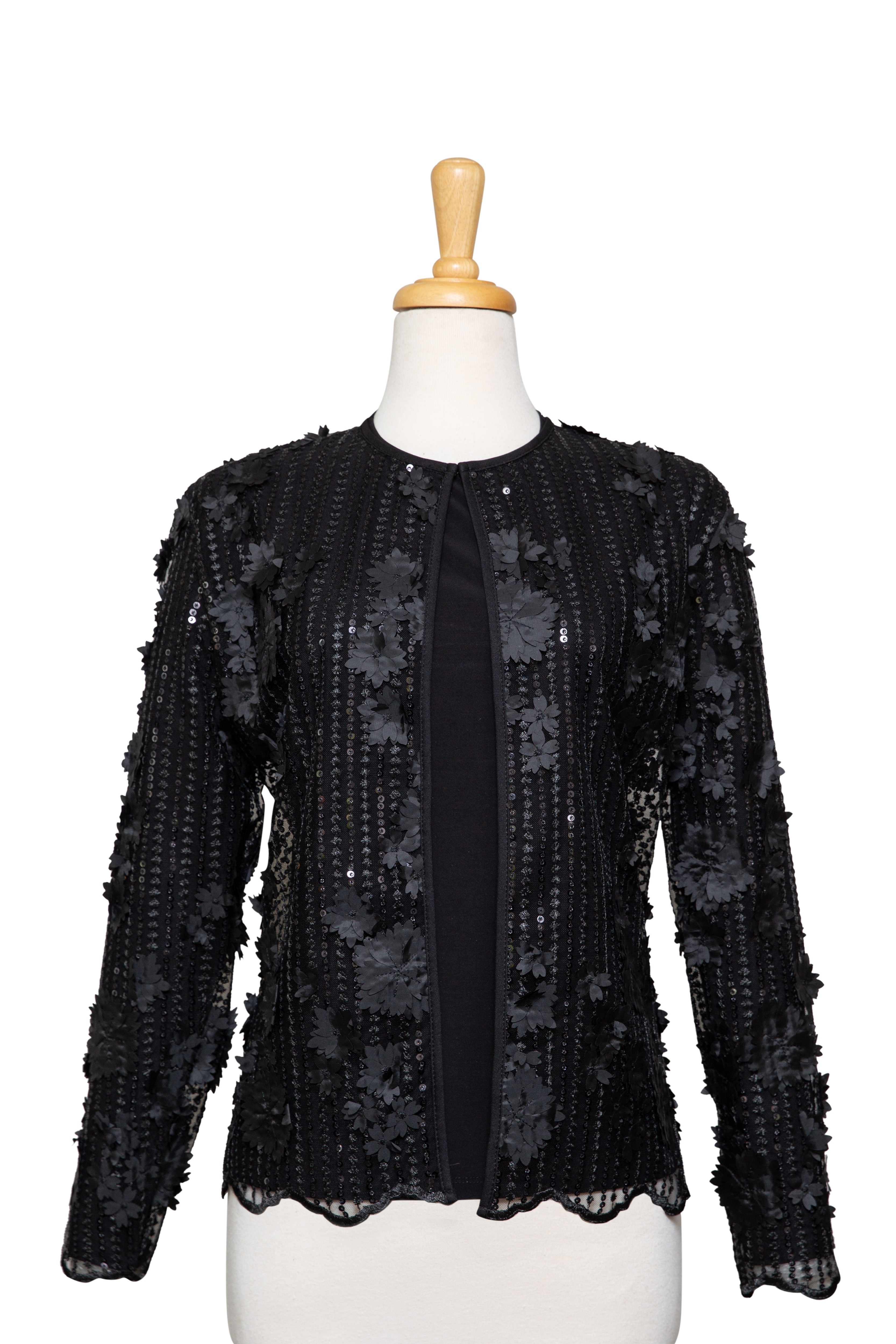 Two Piece Black 3D Floral Sequins Lace Jacket With Black Microfiber Long Sleeve Top