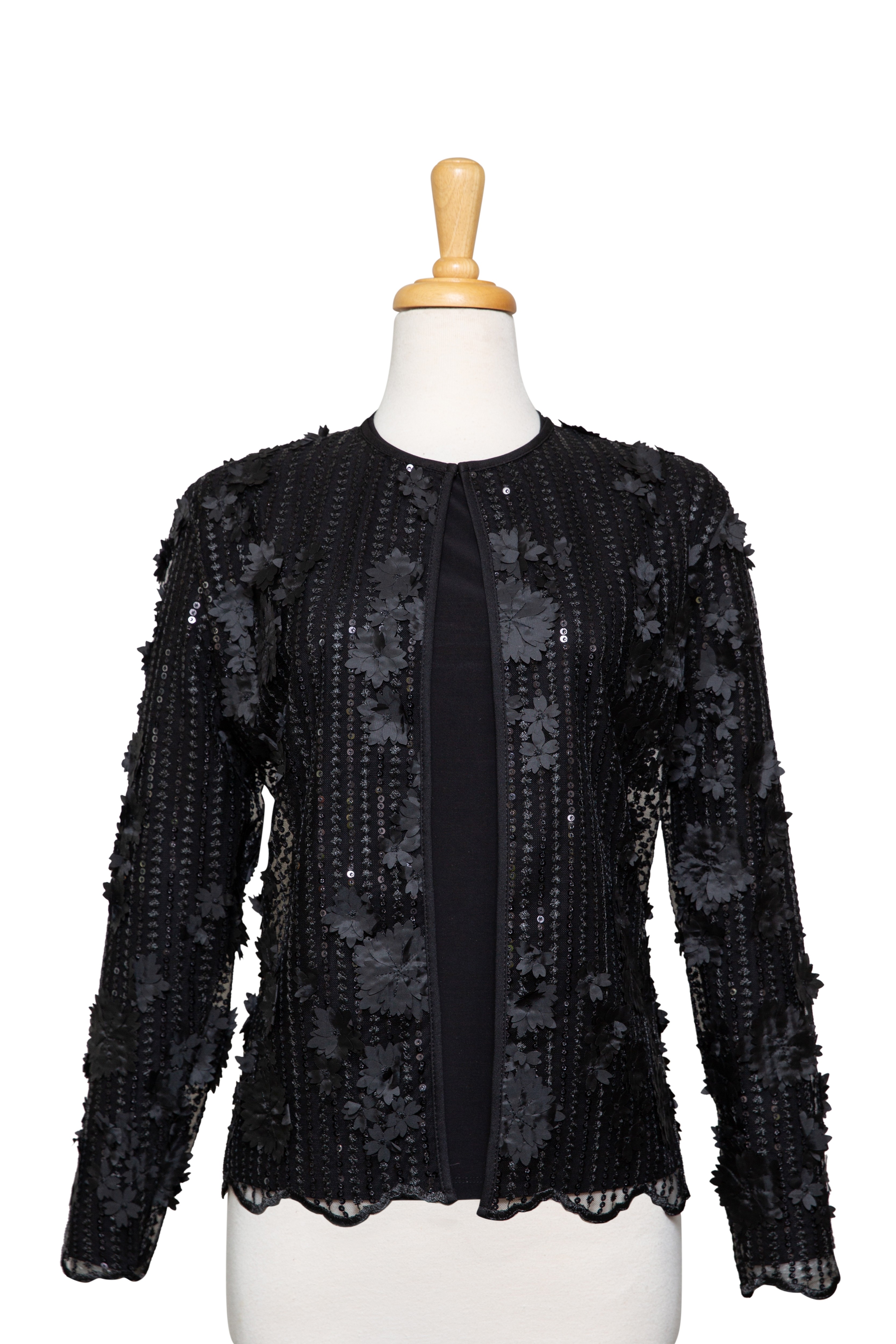 Plus Size Two Piece Black 3D Floral Sequins Lace Jacket With Black Long Sleeve Top