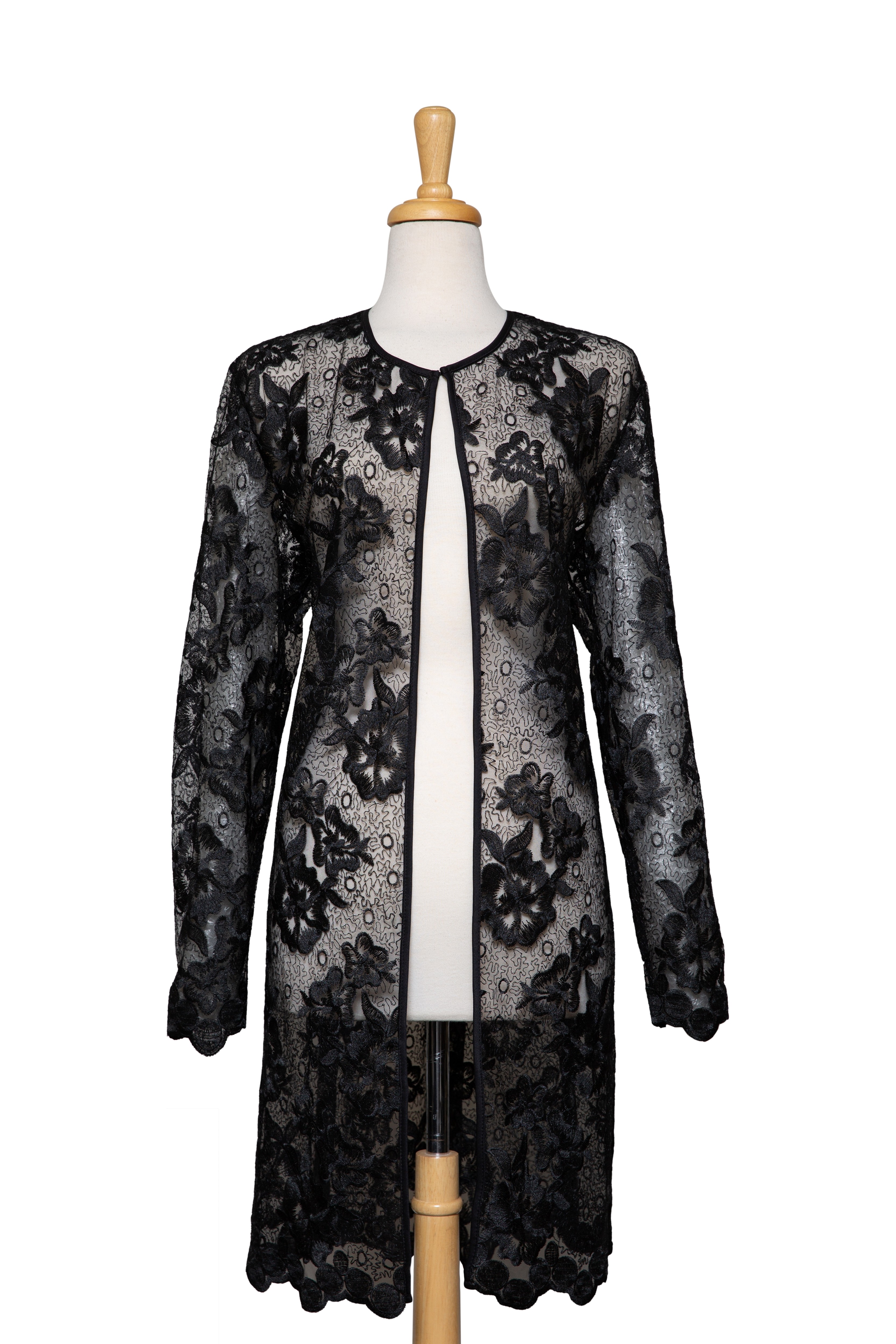 Thin Black Floral Embroidered Floral 3/4 Length Lace Jacket 