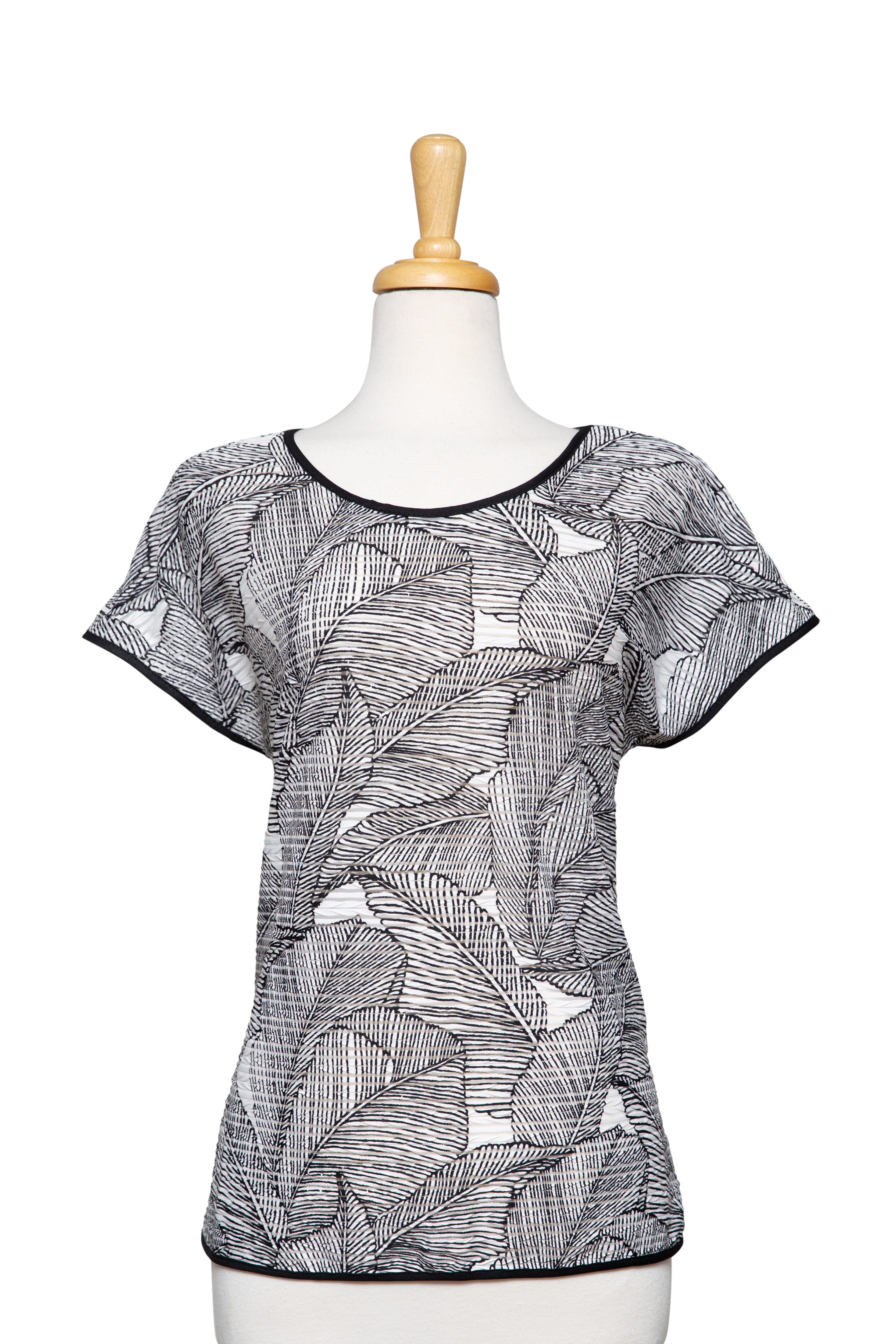 White and Black Tropical Leaves Short Sleeve Top