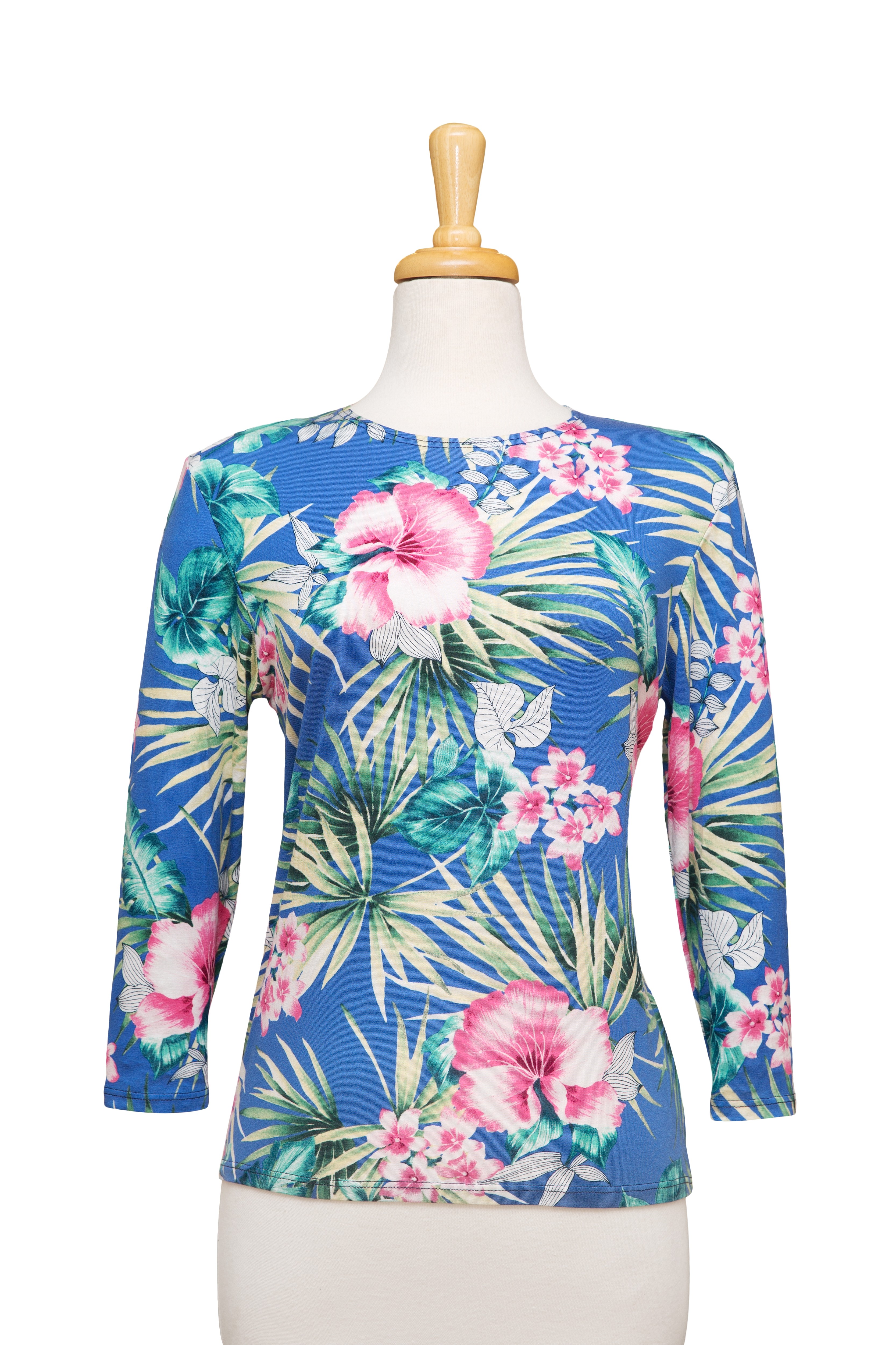 Royal Blue and Pink Tropical Floral 3/4 Sleeve  Cotton Top 