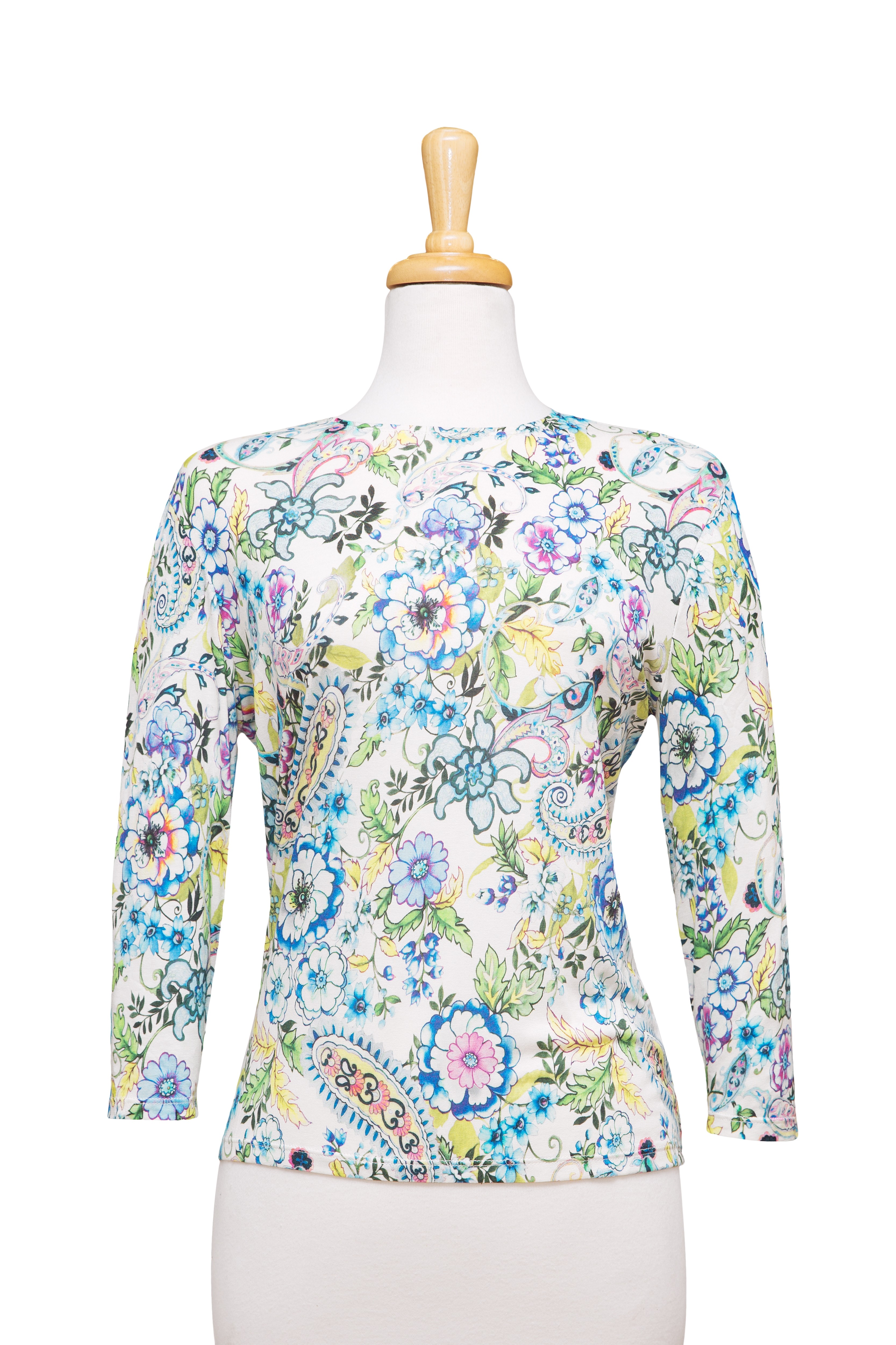 Plus Size Pastel Floral and Paisley 3/4 Sleeve  Cotton Top 