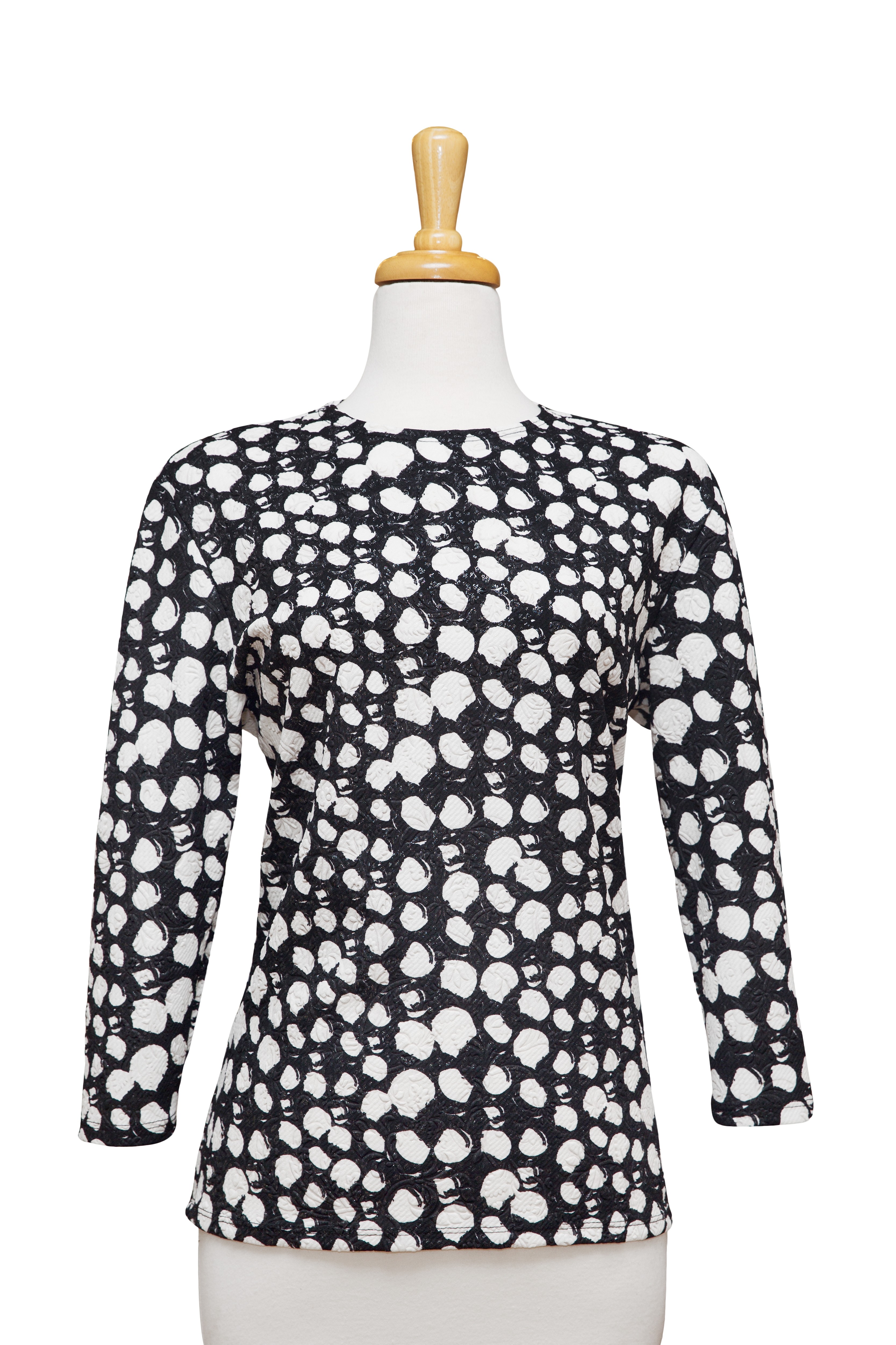 Black, and White Dots Brocade Textured 3/4 Sleeve Top 