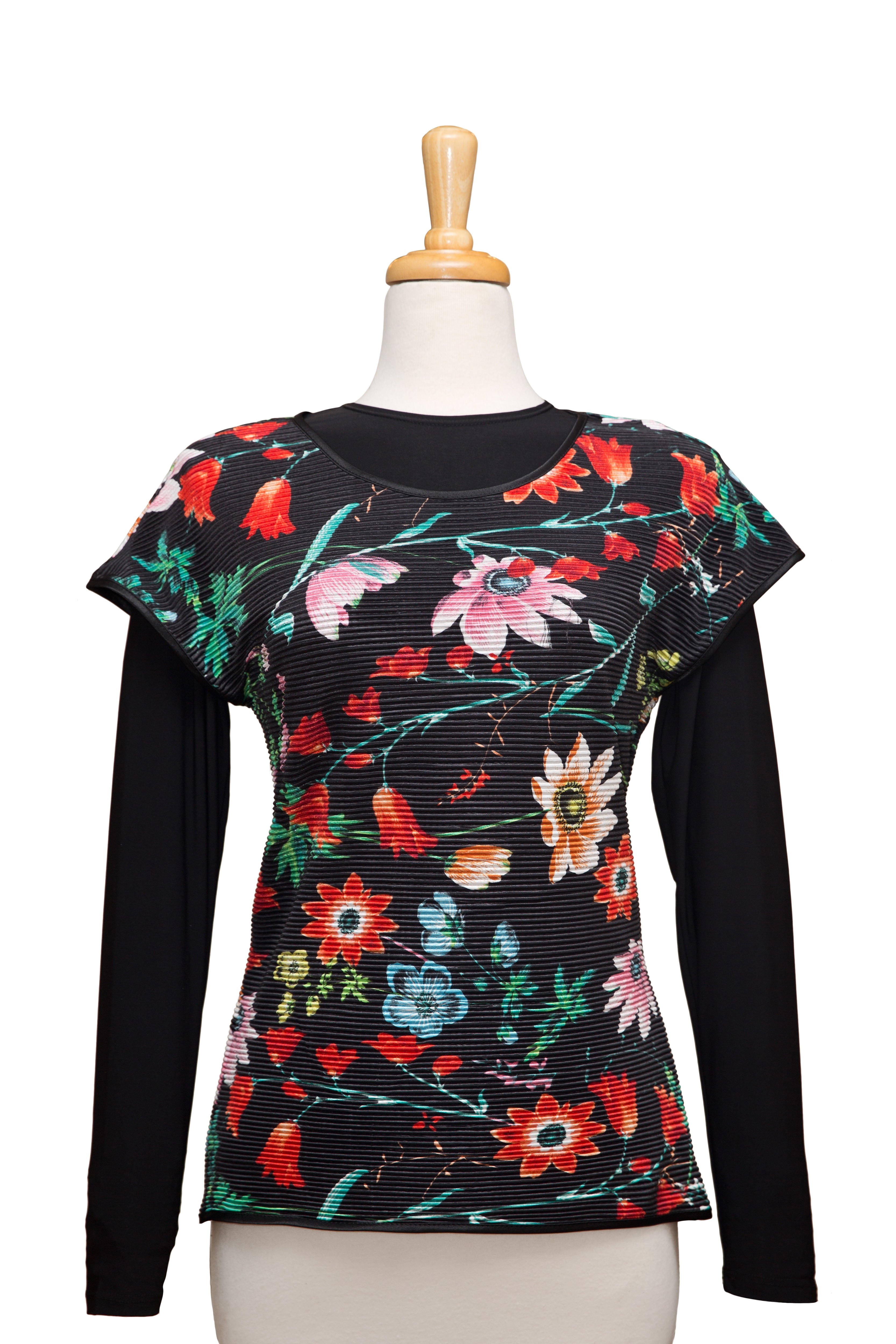 Plus Size Black Multi Color Pleated Short Sleeve With Long Sleeve Microfiber Top