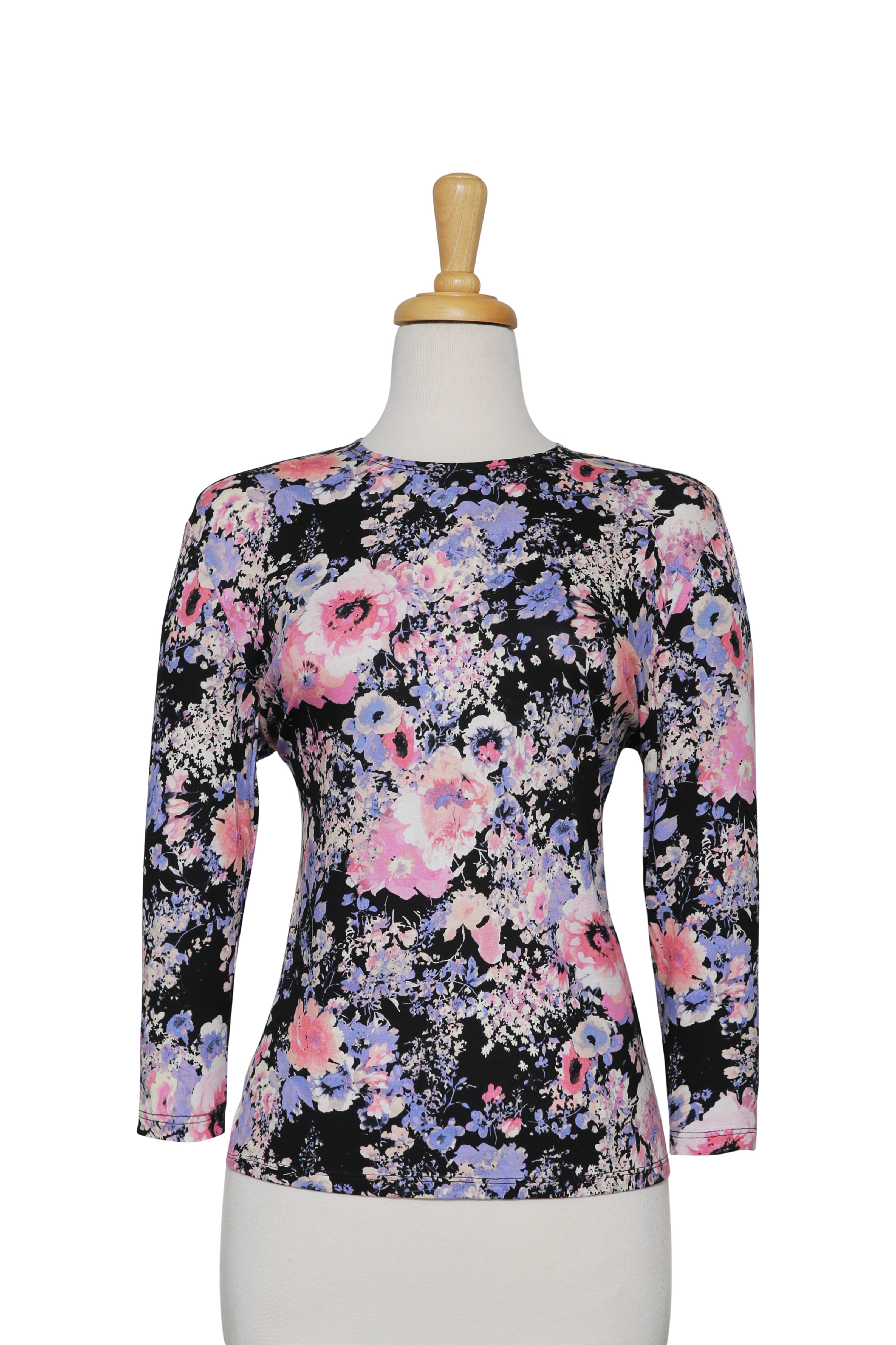 Black, Pink and Blue Floral Display Cotton 3/4 Sleeve Top 
