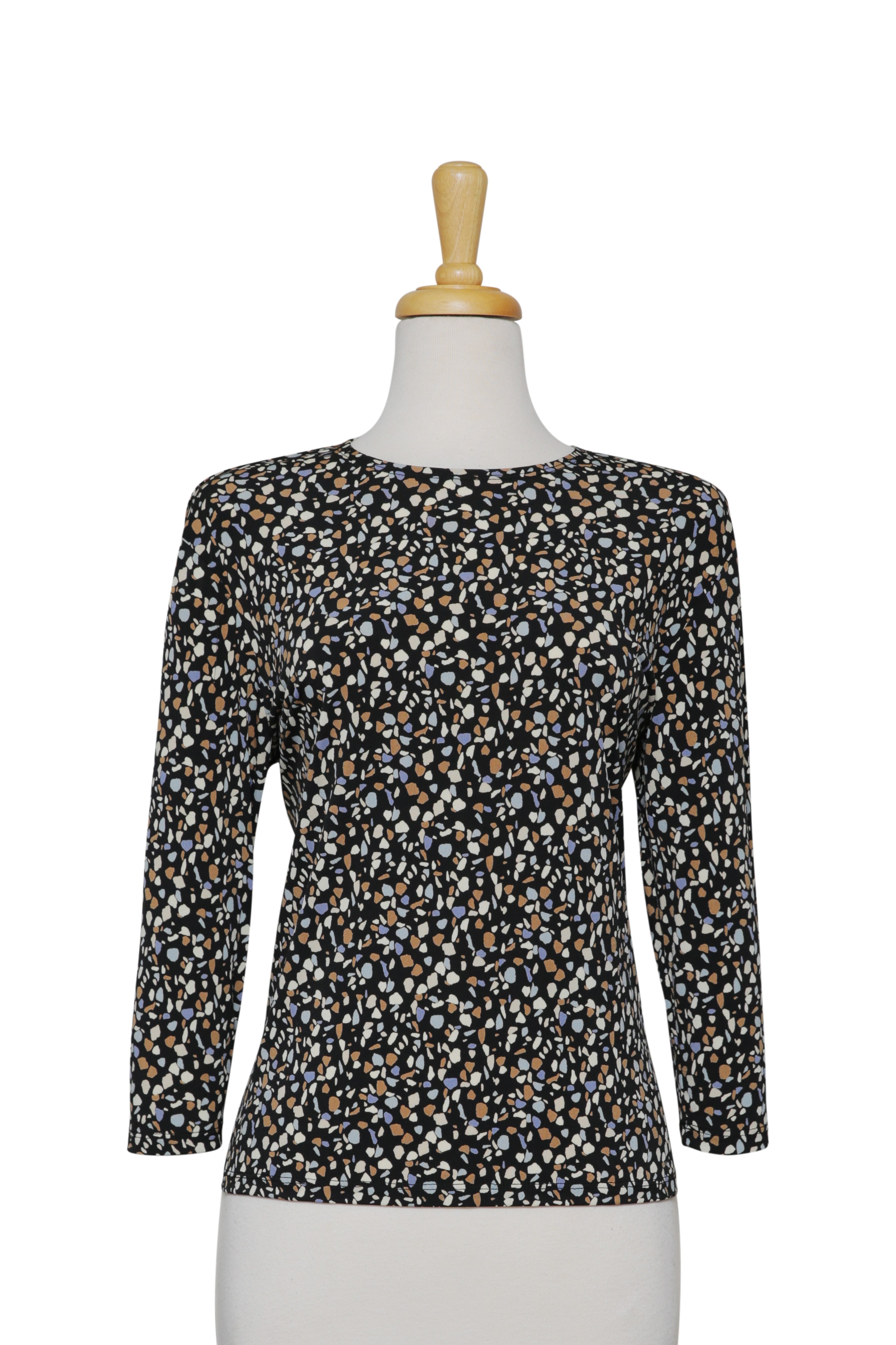 Plus Size Black, Tan, Ivory and Light Blue Pebbles Microfiber 3/4 Sleeve Top 