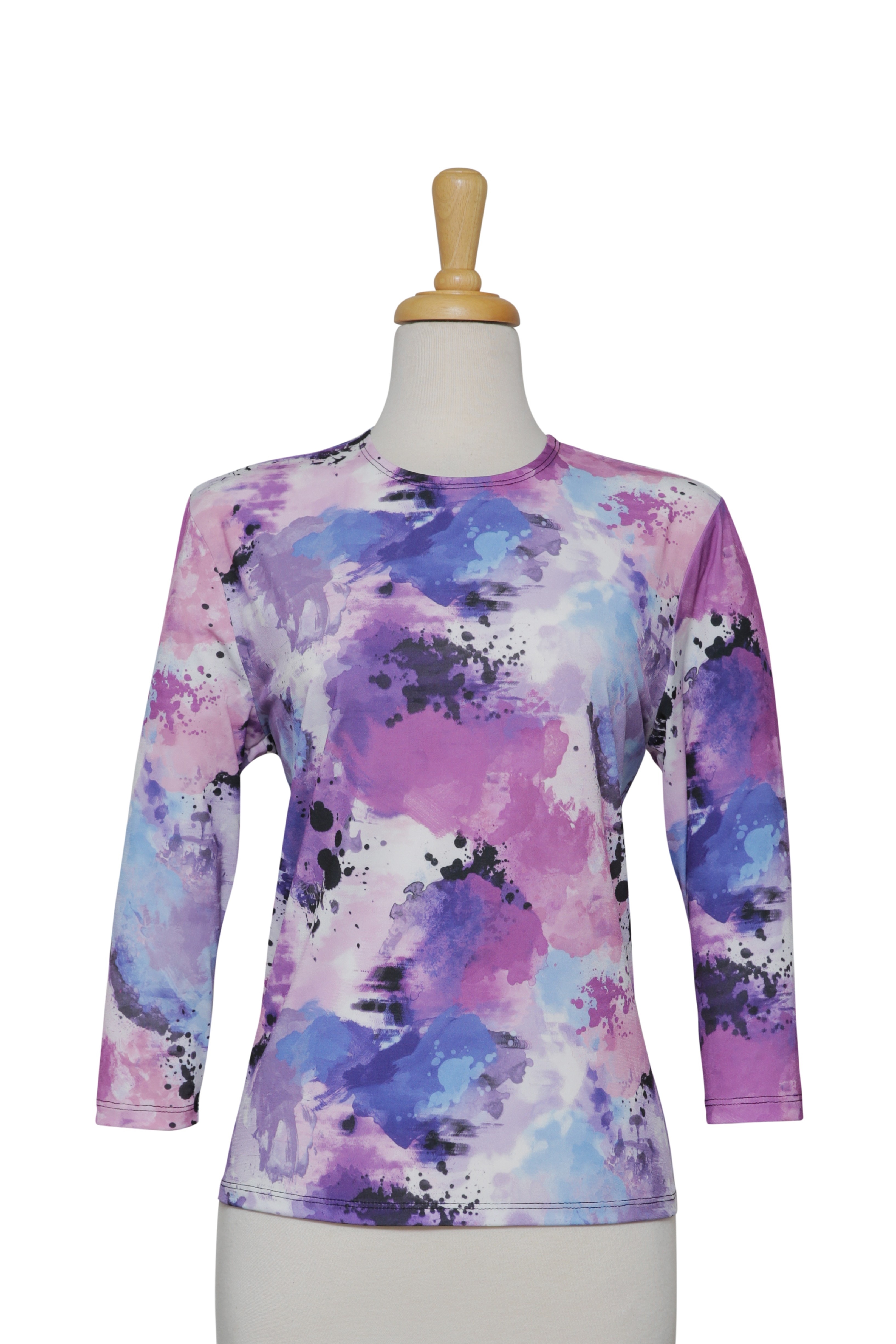 Shades of Mauve, Blue and White Muted Print Microfiber 3/4 Sleeve Top 