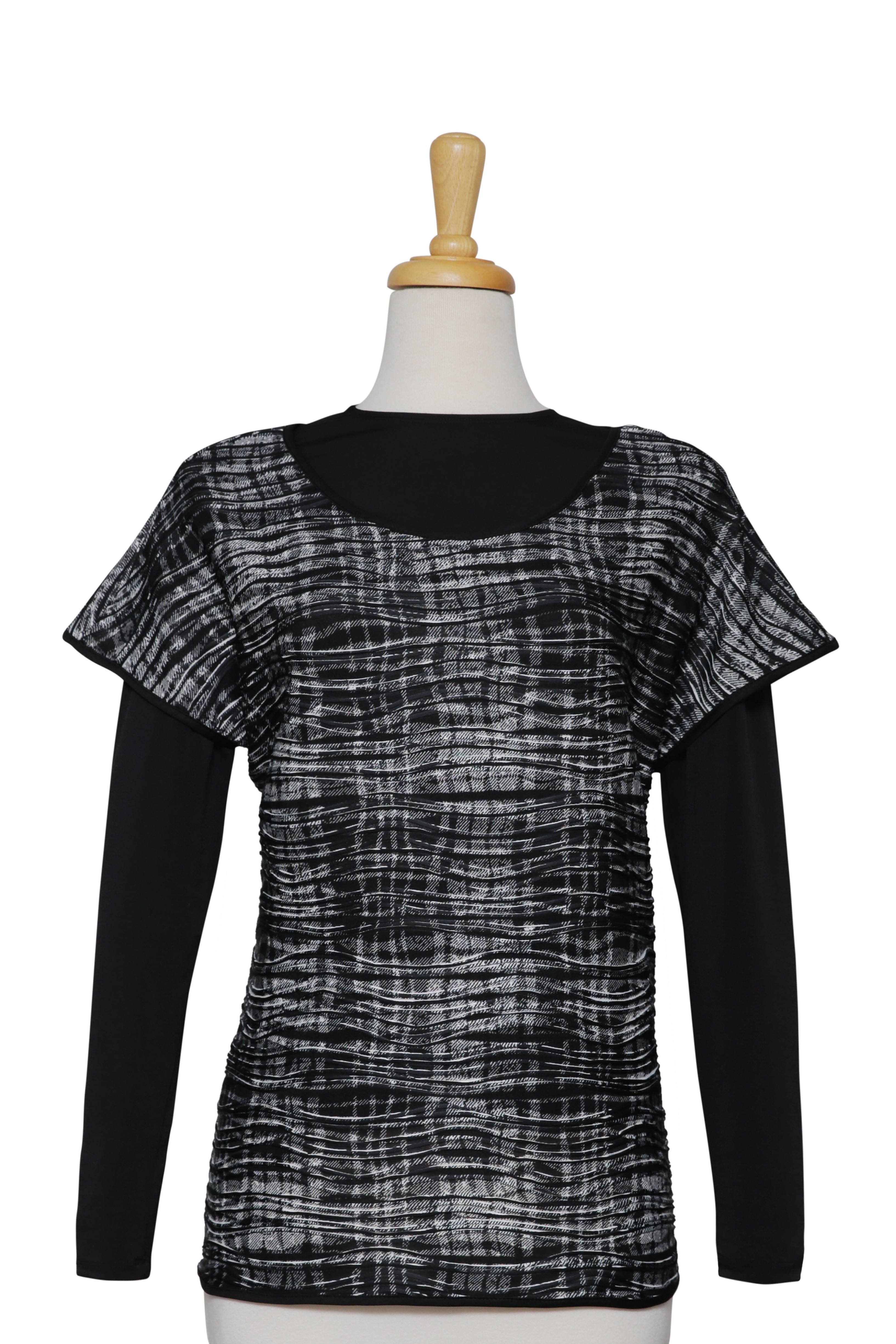 Black and Off White Crinkled Waves Short Sleeve With Black Long Sleeve Microfiber Top