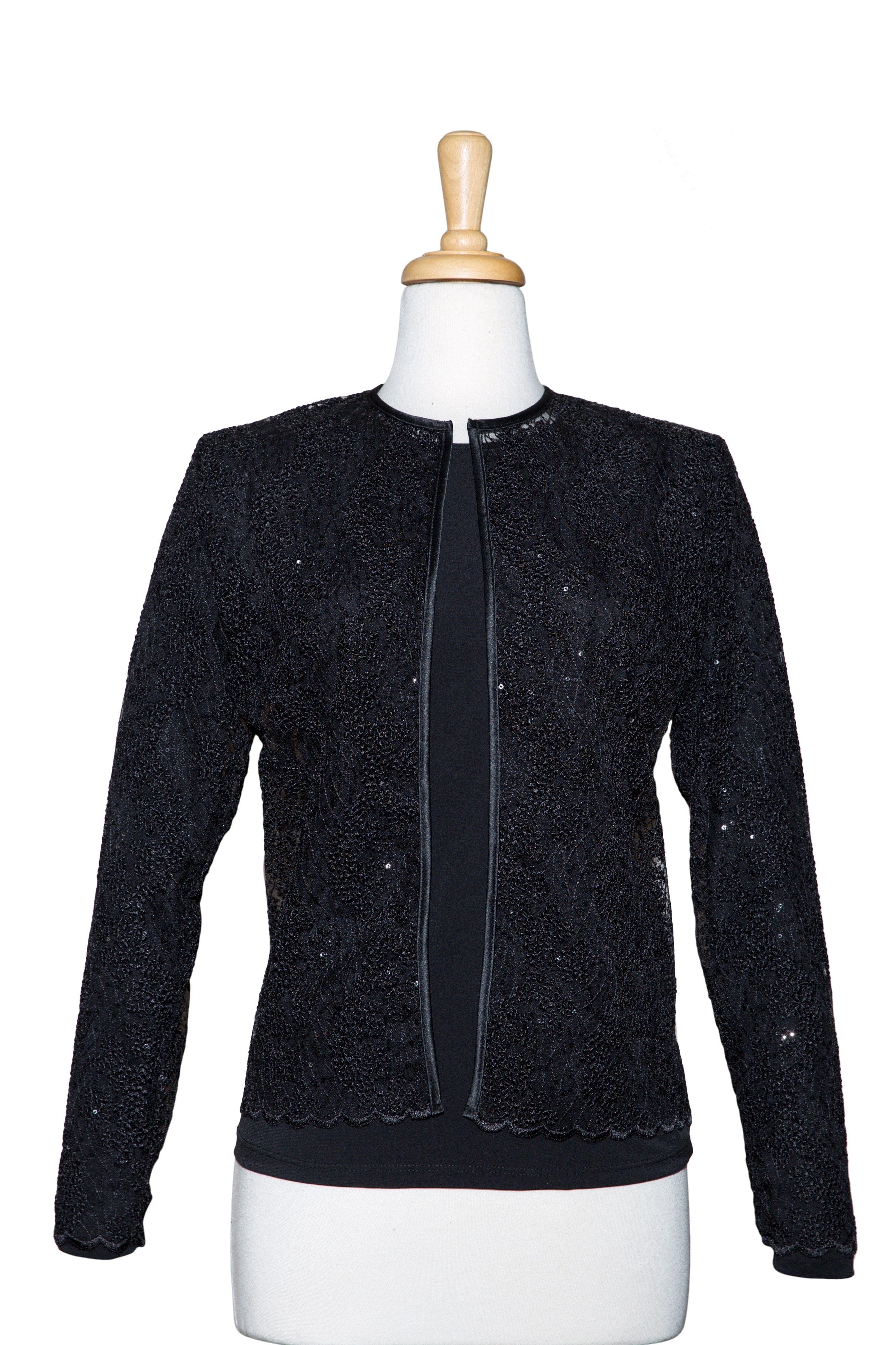 Two Piece Black Embroidered Sequins Lace With Black Long Sleeve Top