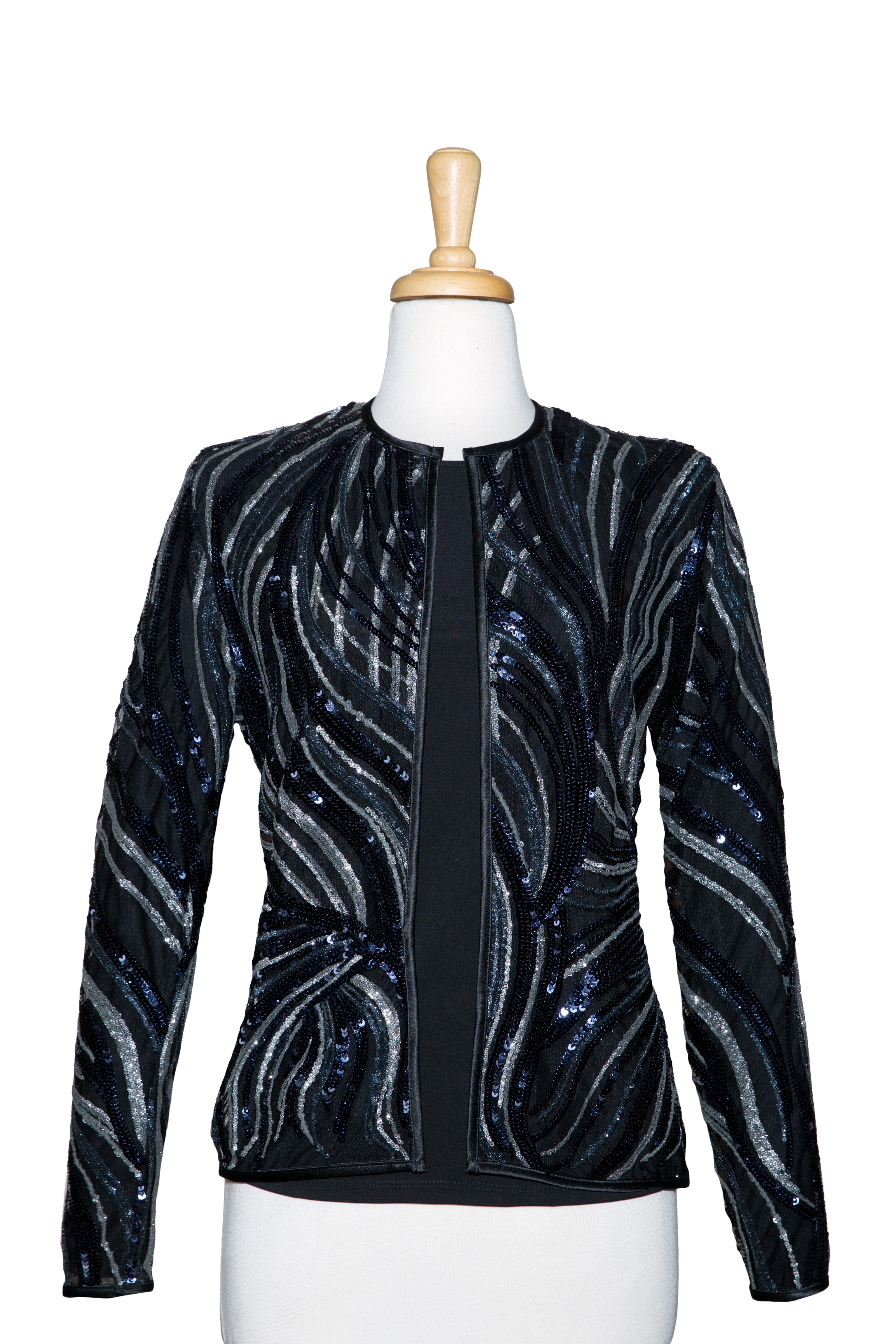 Two Piece Navy, Silver, and Black Sequins Lace Jacket With Black Long Sleeve Top