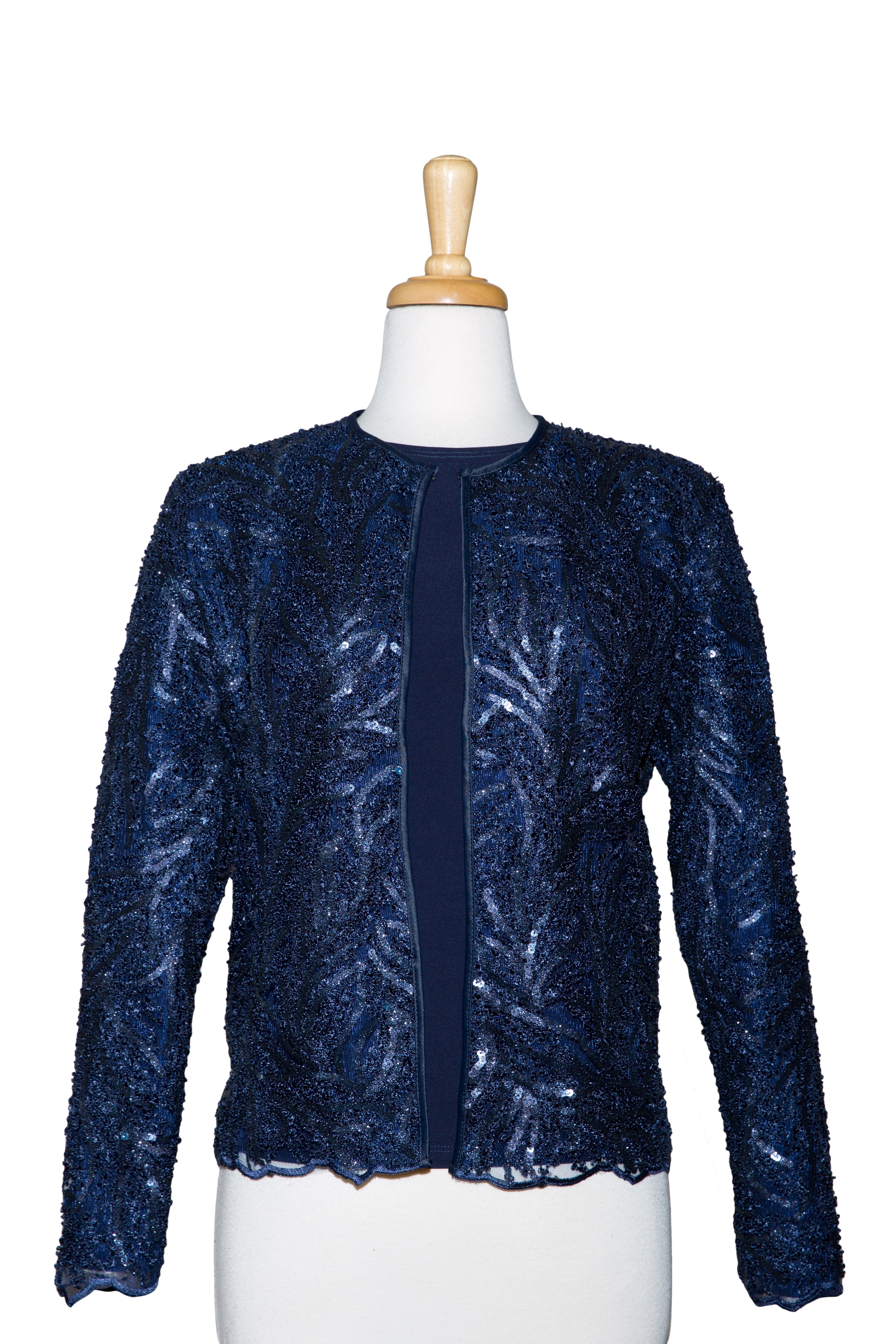 Plus Size Two Piece Navy Boucle Sequins Lace Jacket With Navy Long Sleeve Top