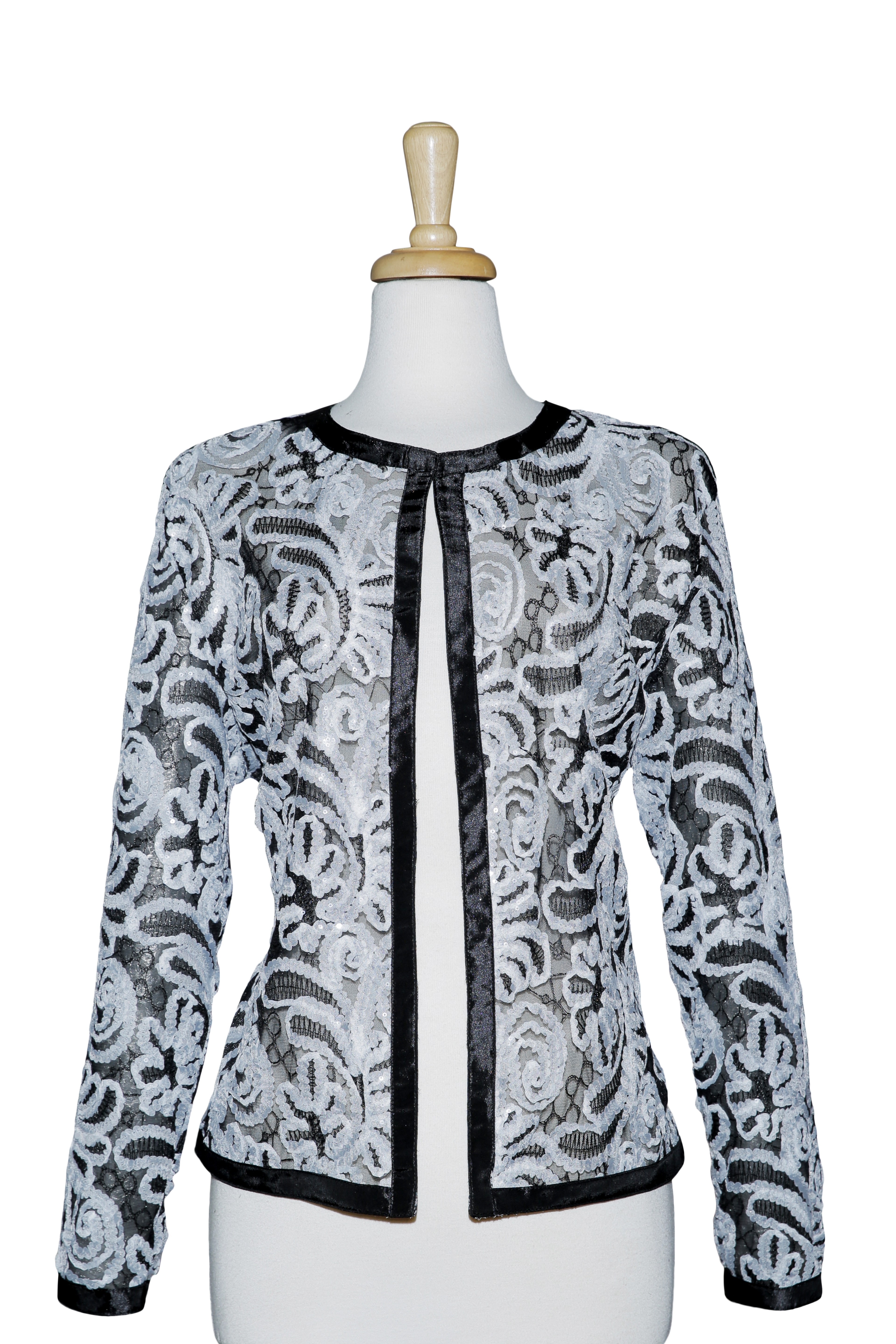 Plus Size Black And White Sutache With Clear Sequins Lace Jacket 
