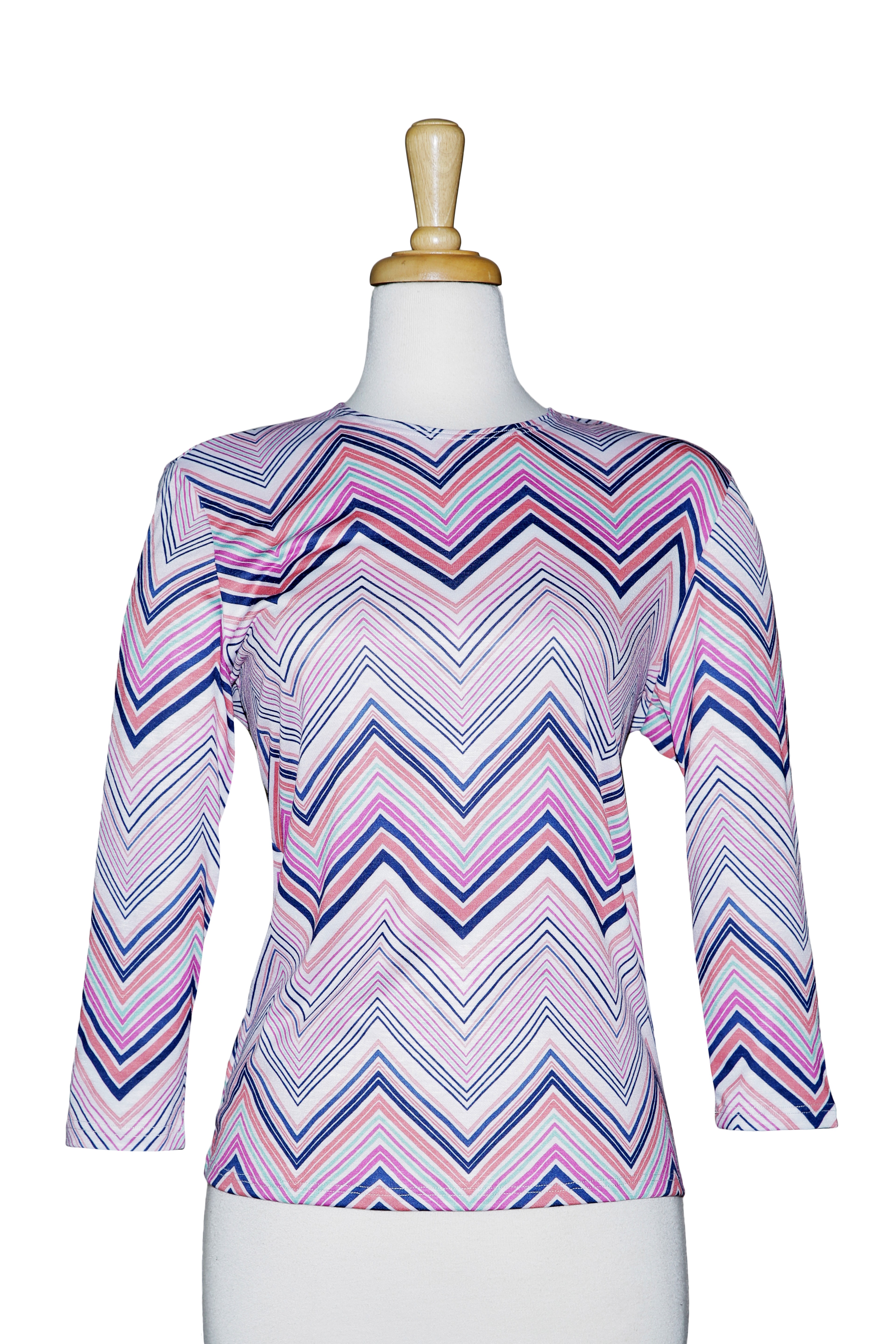 Plus Size Shades Of Blue And Pink Zig Zag 3/4 Sleeve  Cotton Top 