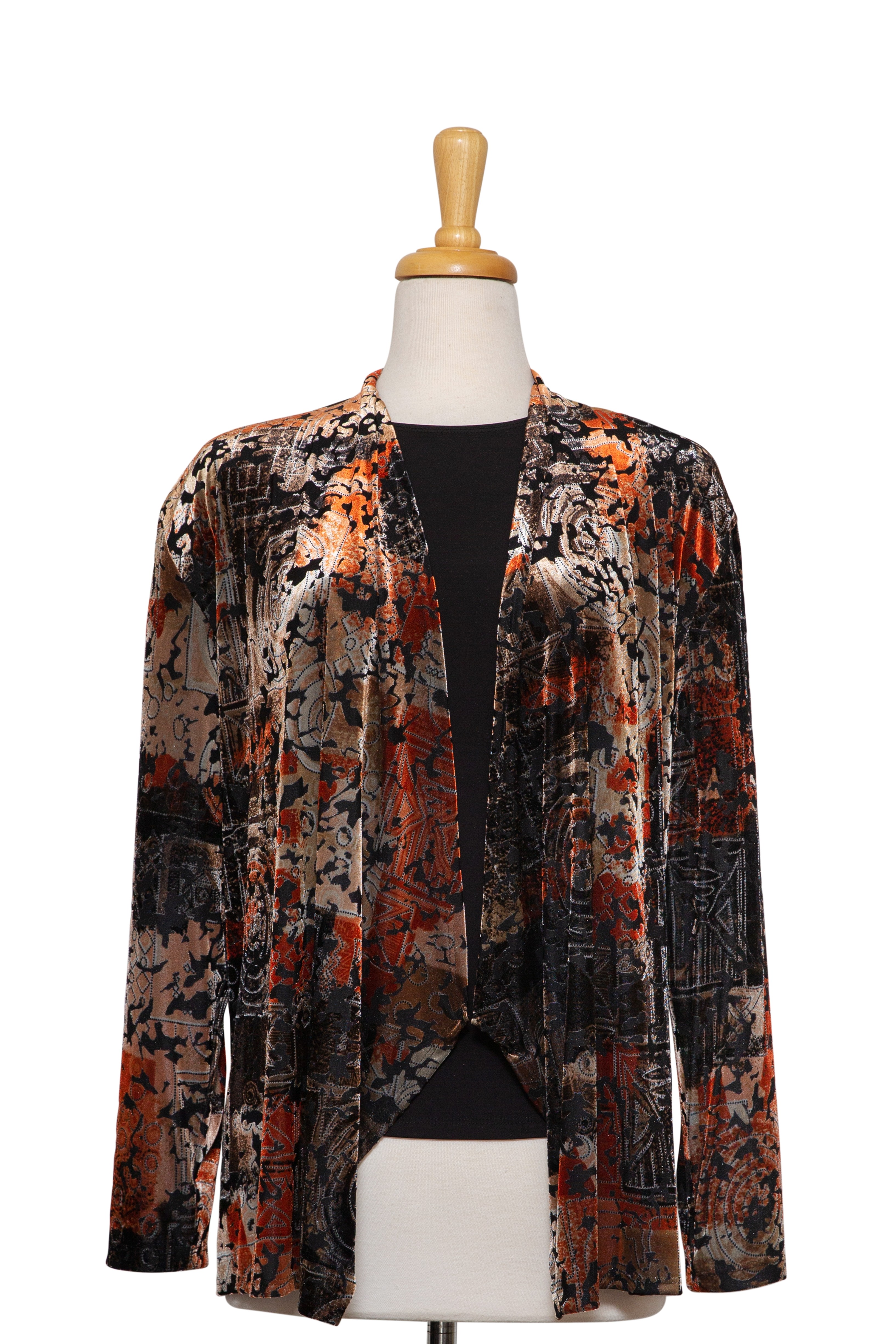  Two Piece Rust, Black and Taupe Cut Velvet Shawl Collar Jacket With Black Long Sleeve Microfiber Top