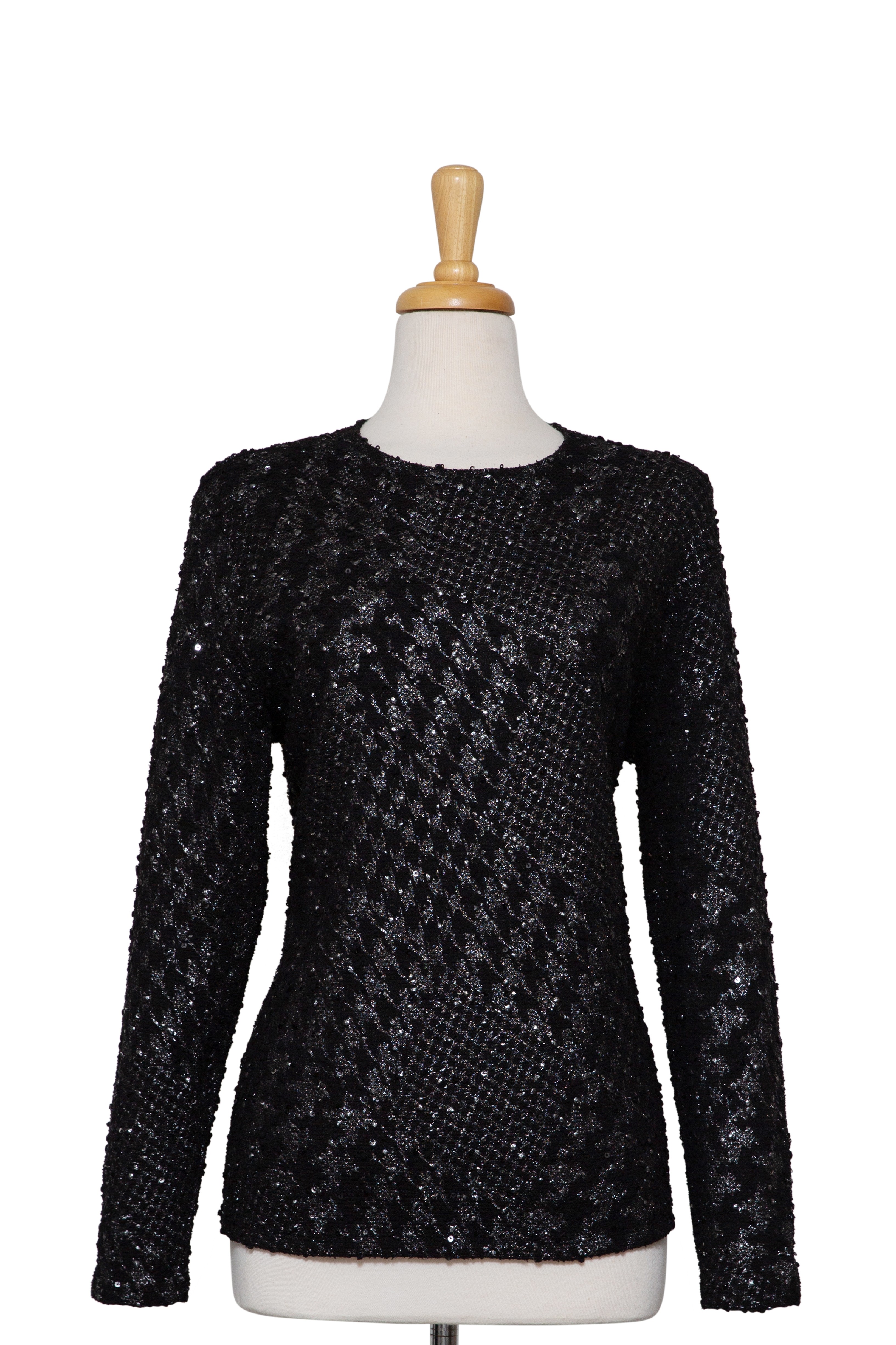 Black and Silver Metallic with Dispersed Sequins Boucle Knit Long Sleeve  Top