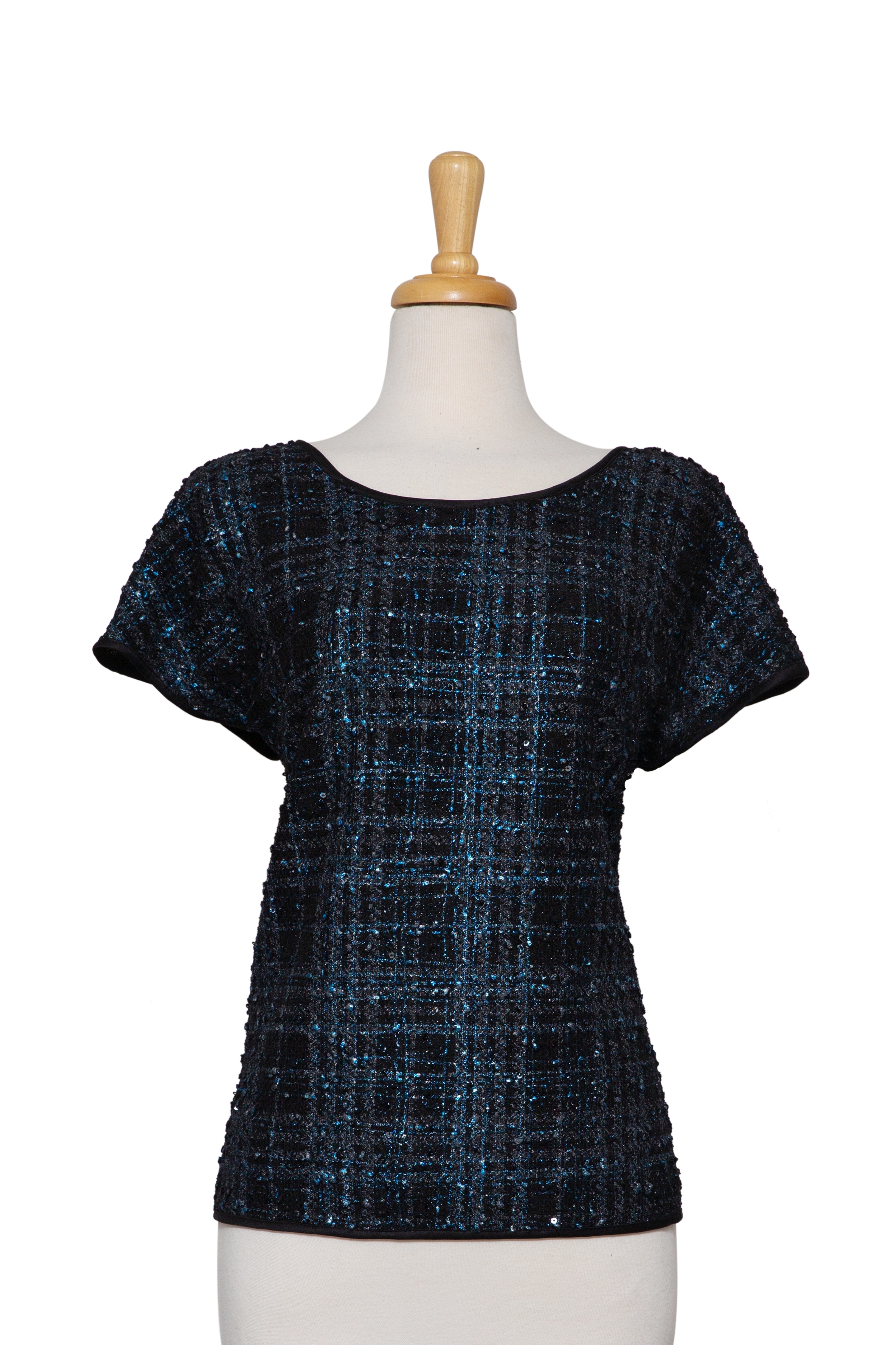 Blue and Black Metallic Knit, Solid Black Ponte Knit Back, Short Sleeve Top