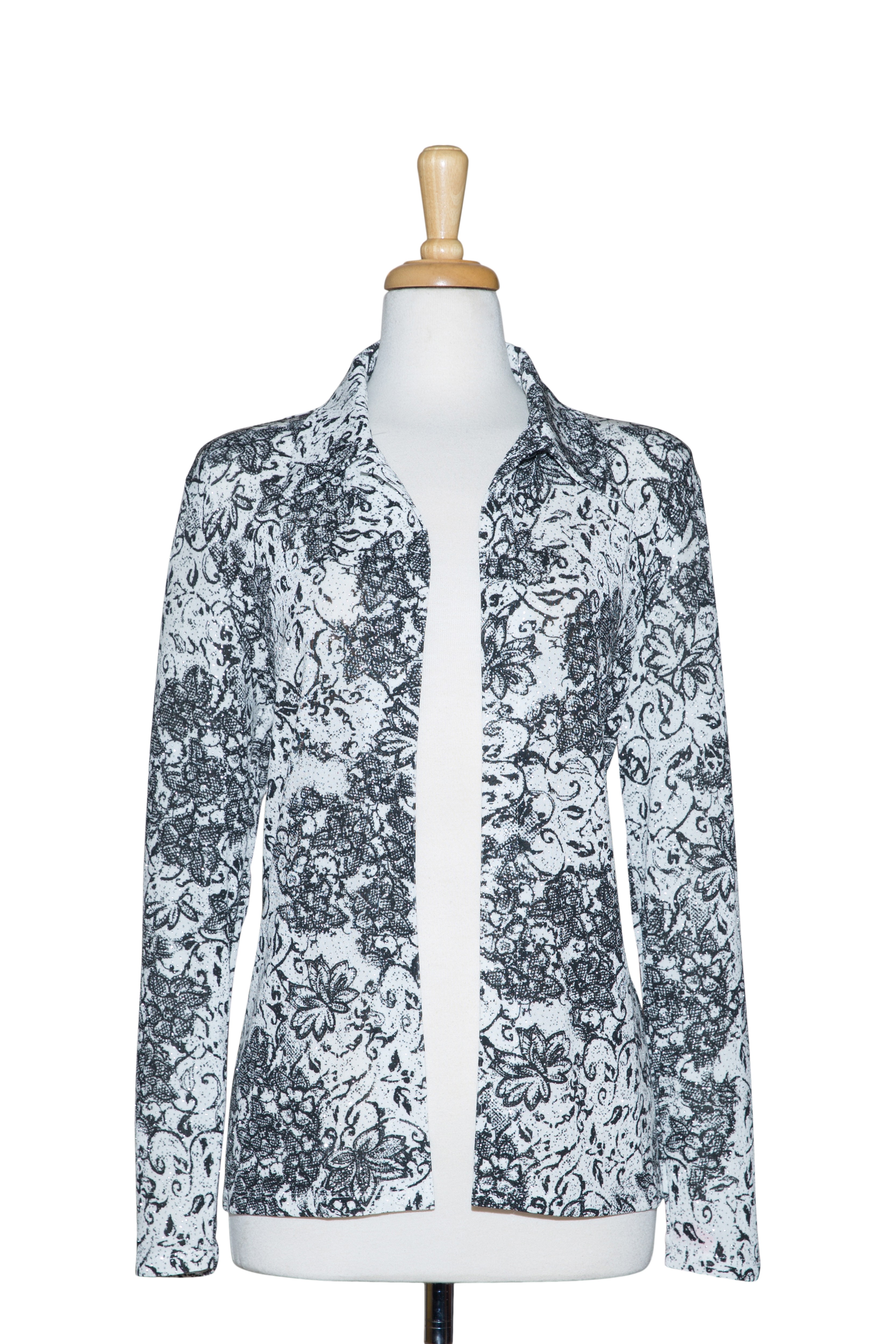 Plus Size White and Black Floral Metallic Slinky Jacket
