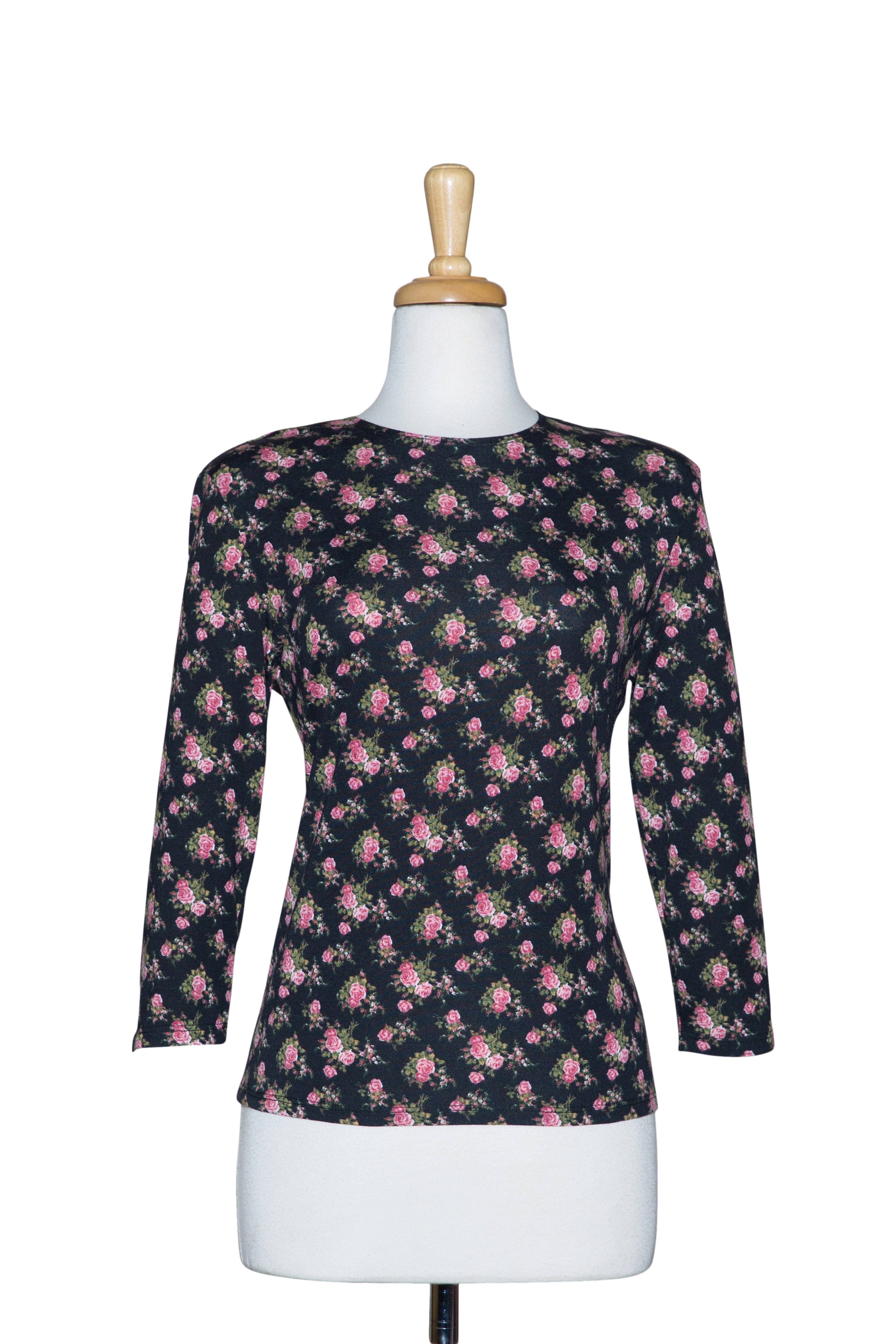 Black and Pink Mini Roses 3/4 Sleeve  Cotton Top 