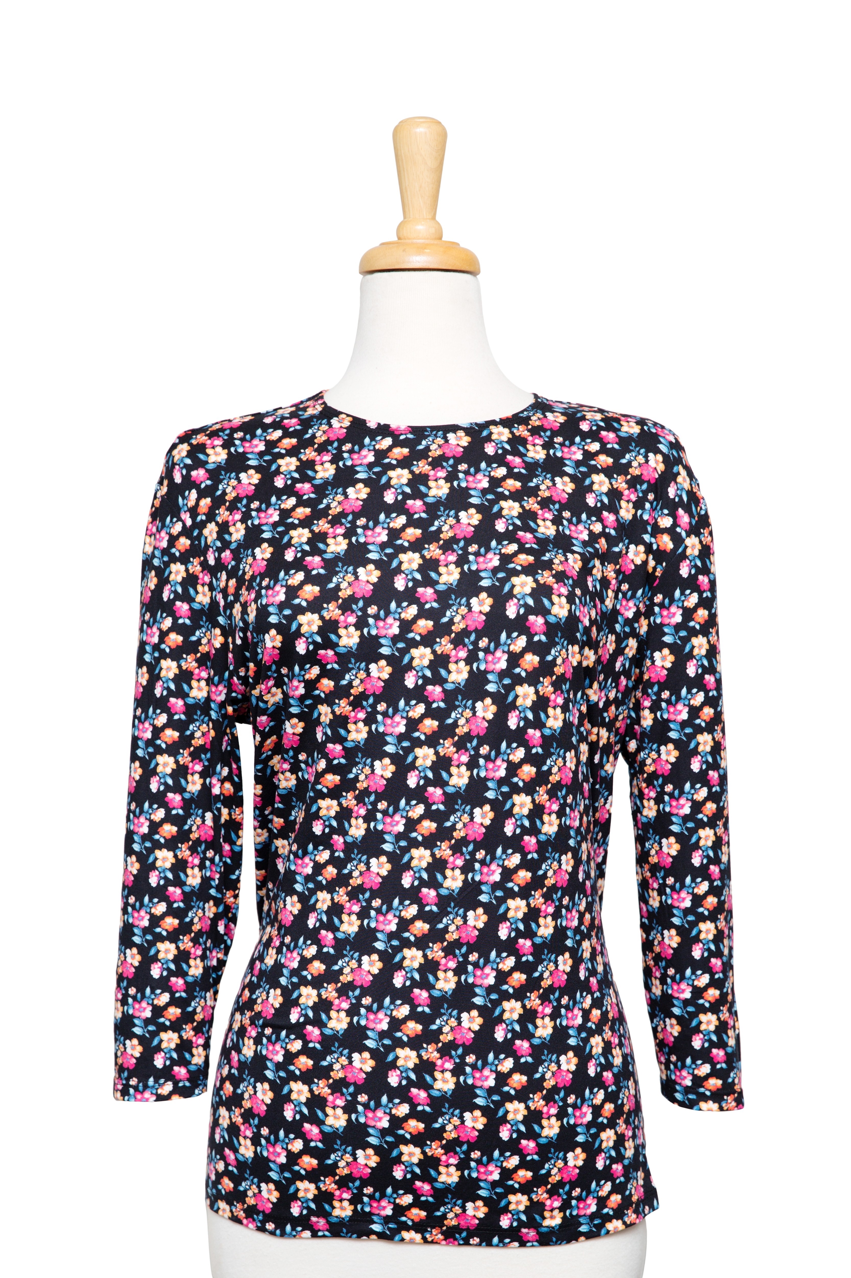 Black and Pink Mini Floral Cotton 3/4 Sleeve Top 