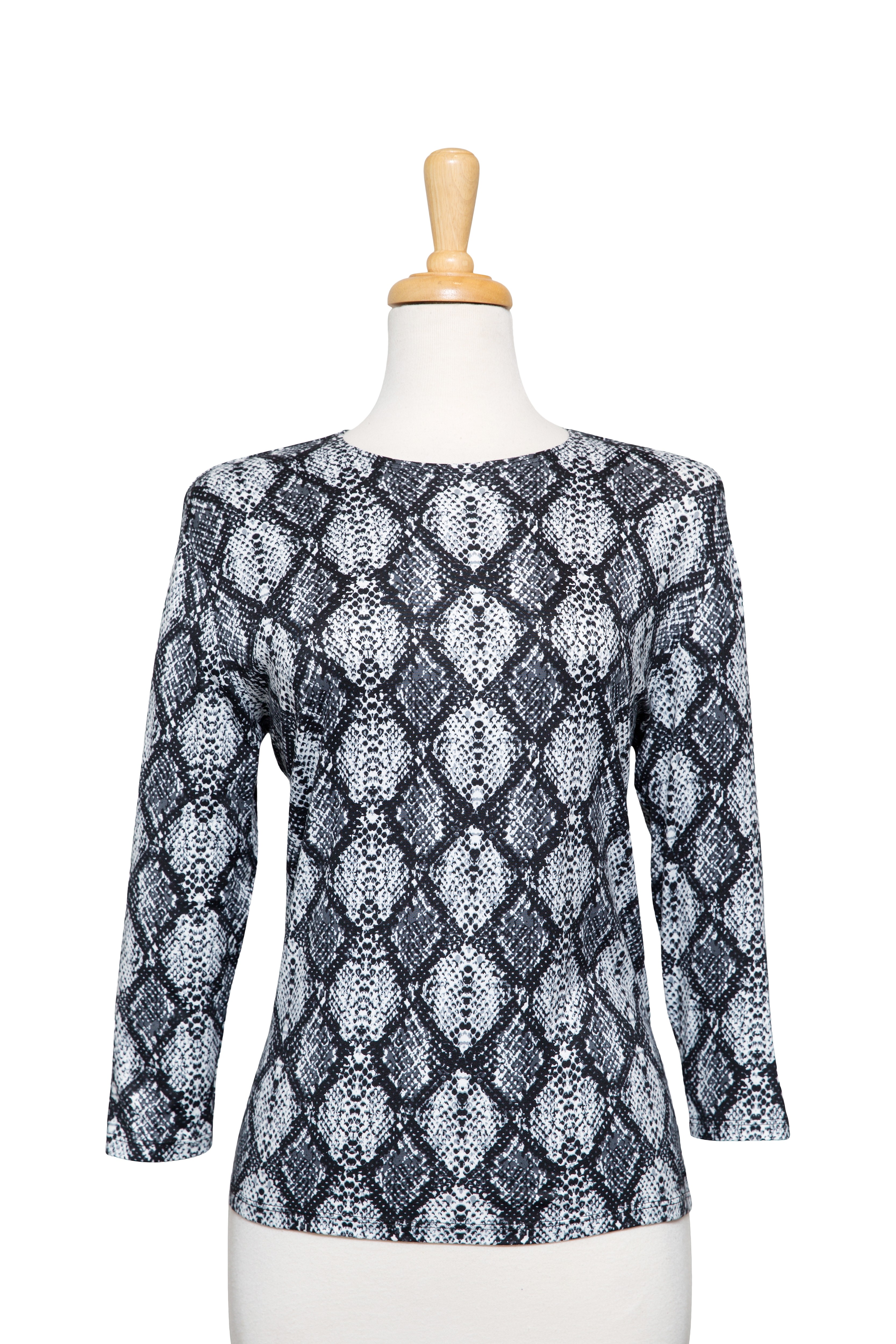 Black, Grey and White Snakeskin Diamonds Cotton 3/4 Sleeve Top 