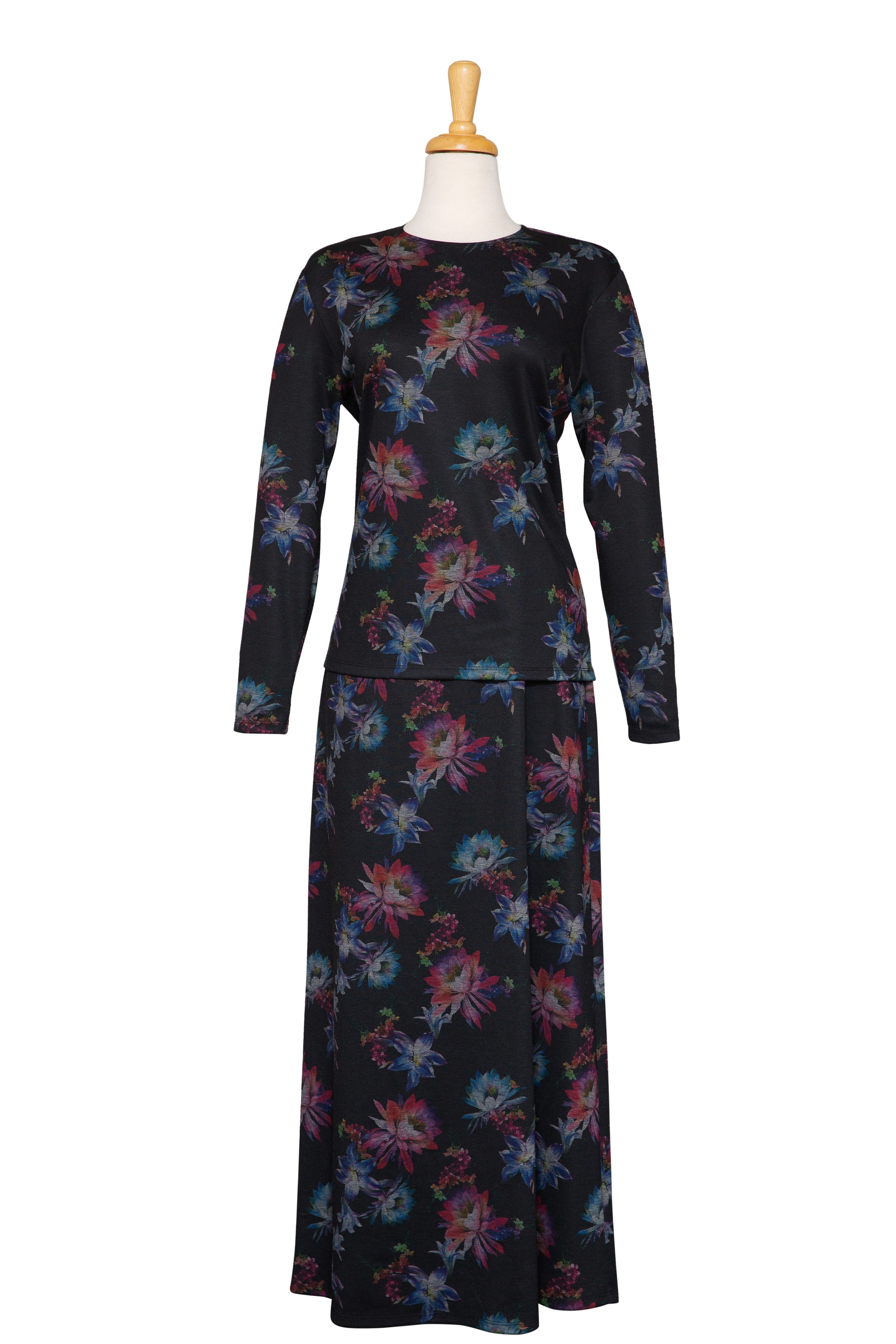 2 Pc. Black, Crimson and Shades of Blue Floral Ponte Knit Long Sleeve Top With Long Skirt