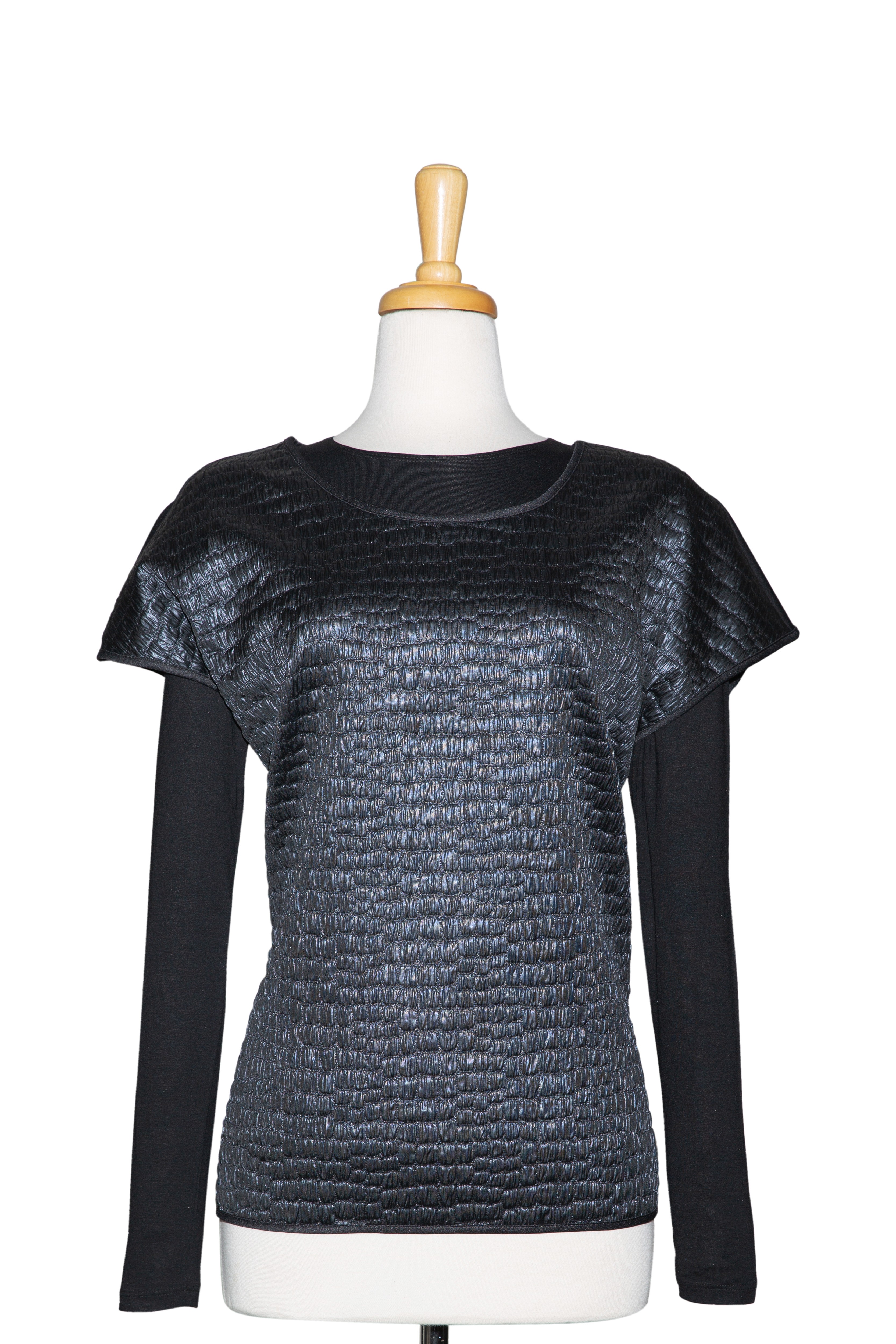 Black Quilted Front, Solid Black Ponte Knit Back, Short Sleeve With Black Long Sleeve Microfiber Top