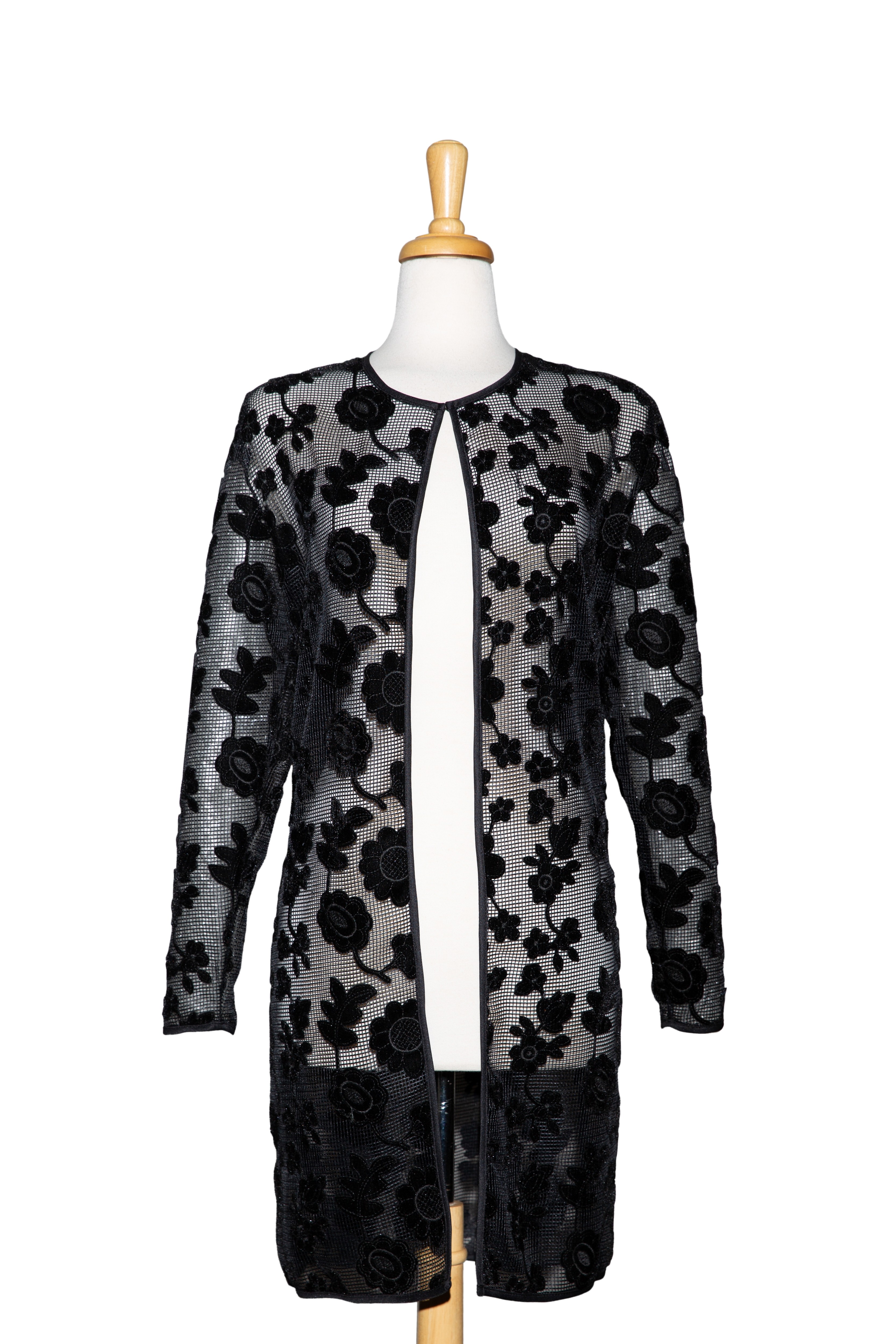 Plus Size Black Floral Velvet  Applique 3/4 Length Lace  Jacket 