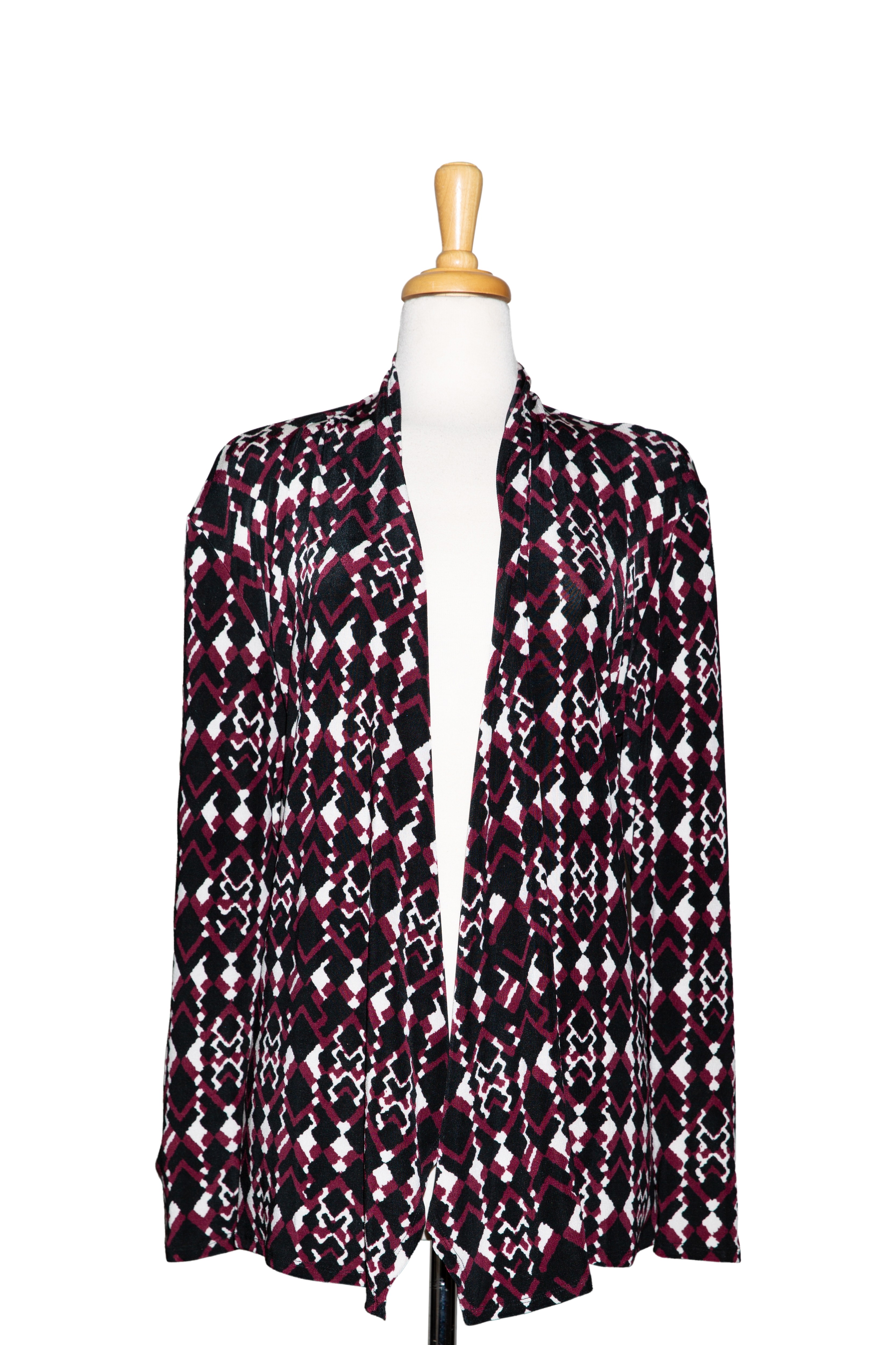 Burgundy, Black and White Geometric Slinky Shawl Collar Jacket