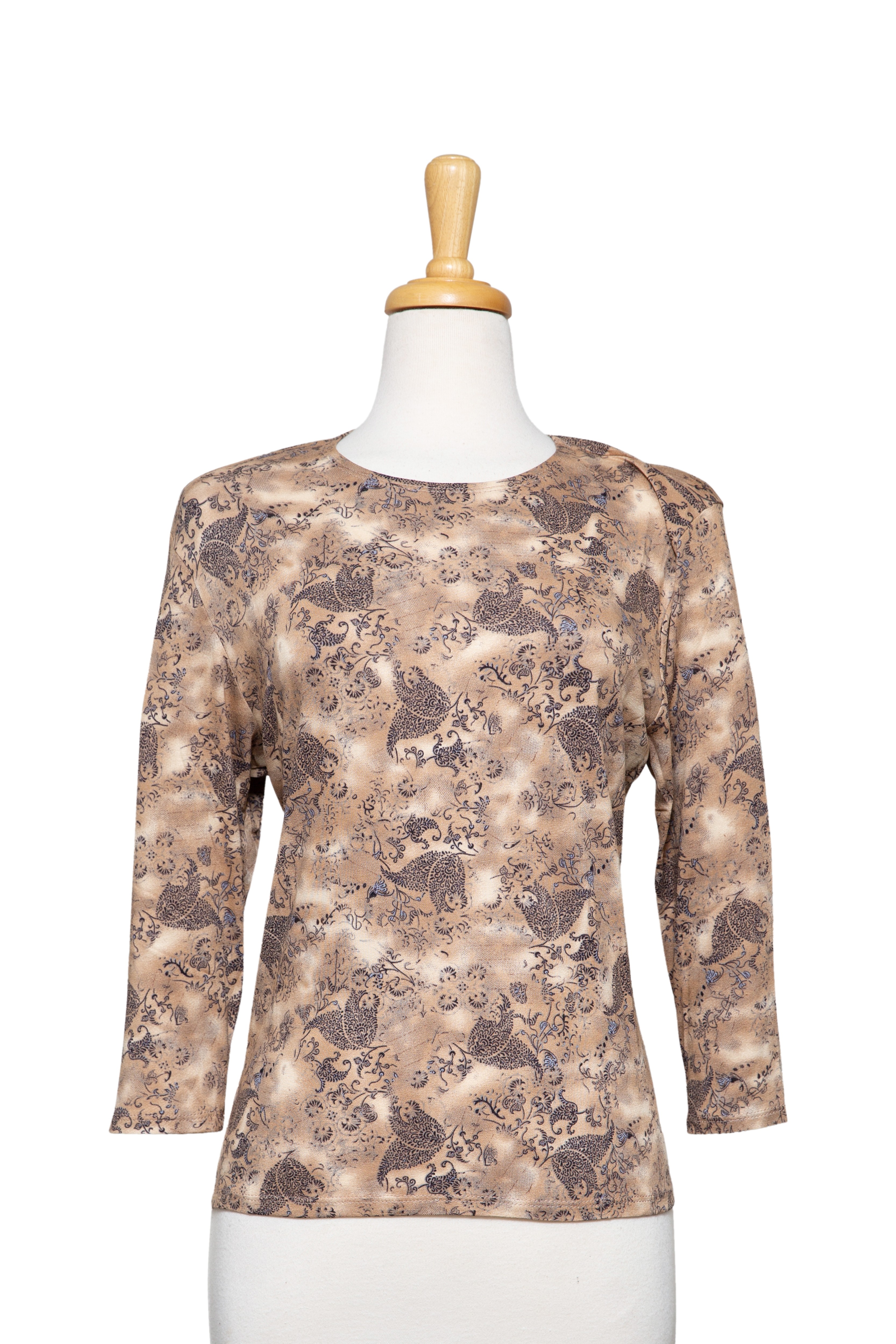 Tan and Ivory Paisley Cotton 3/4 Sleeve Top 