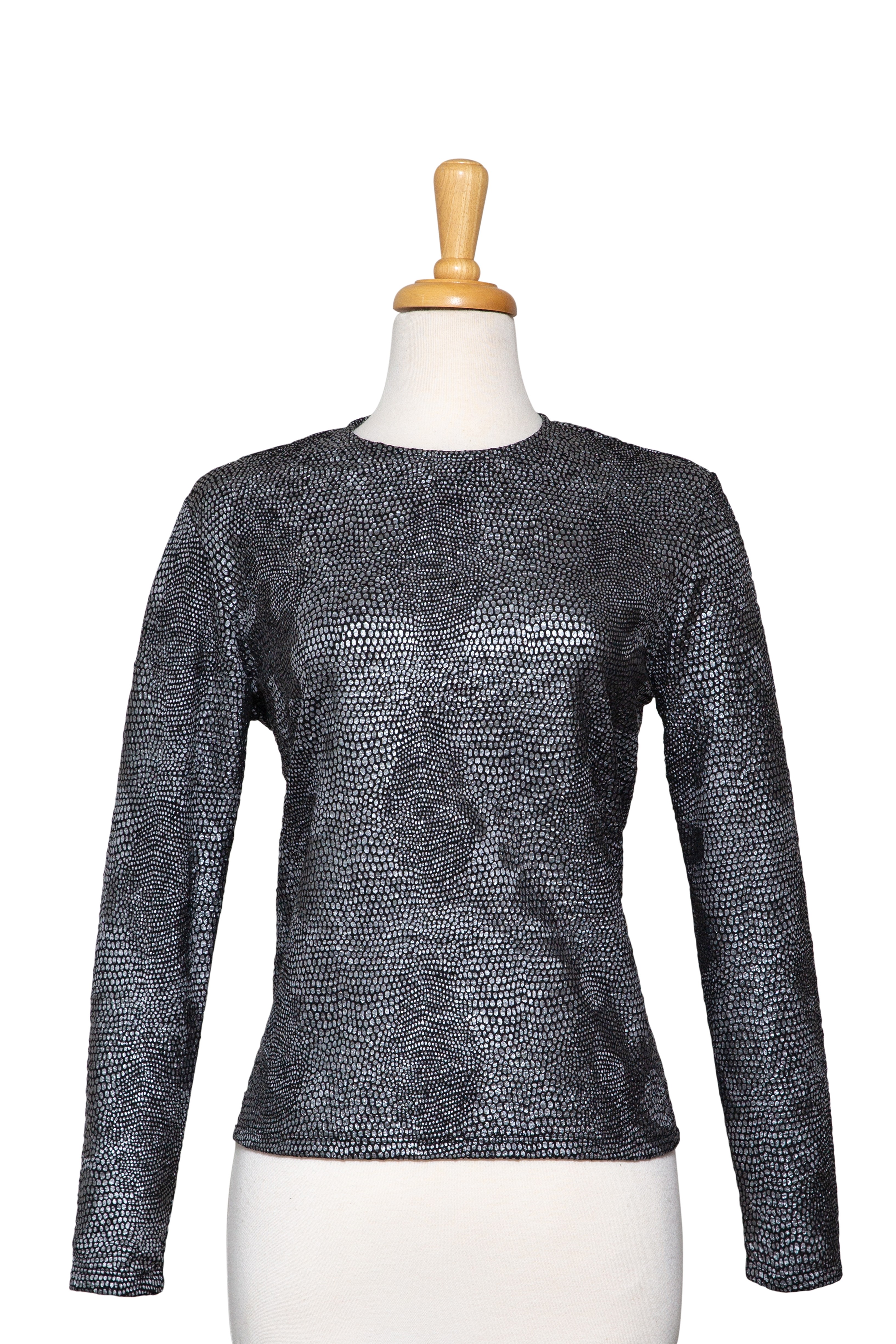 Black and Silver Foil Snakeskin Pattern Textured Long Sleeve Top