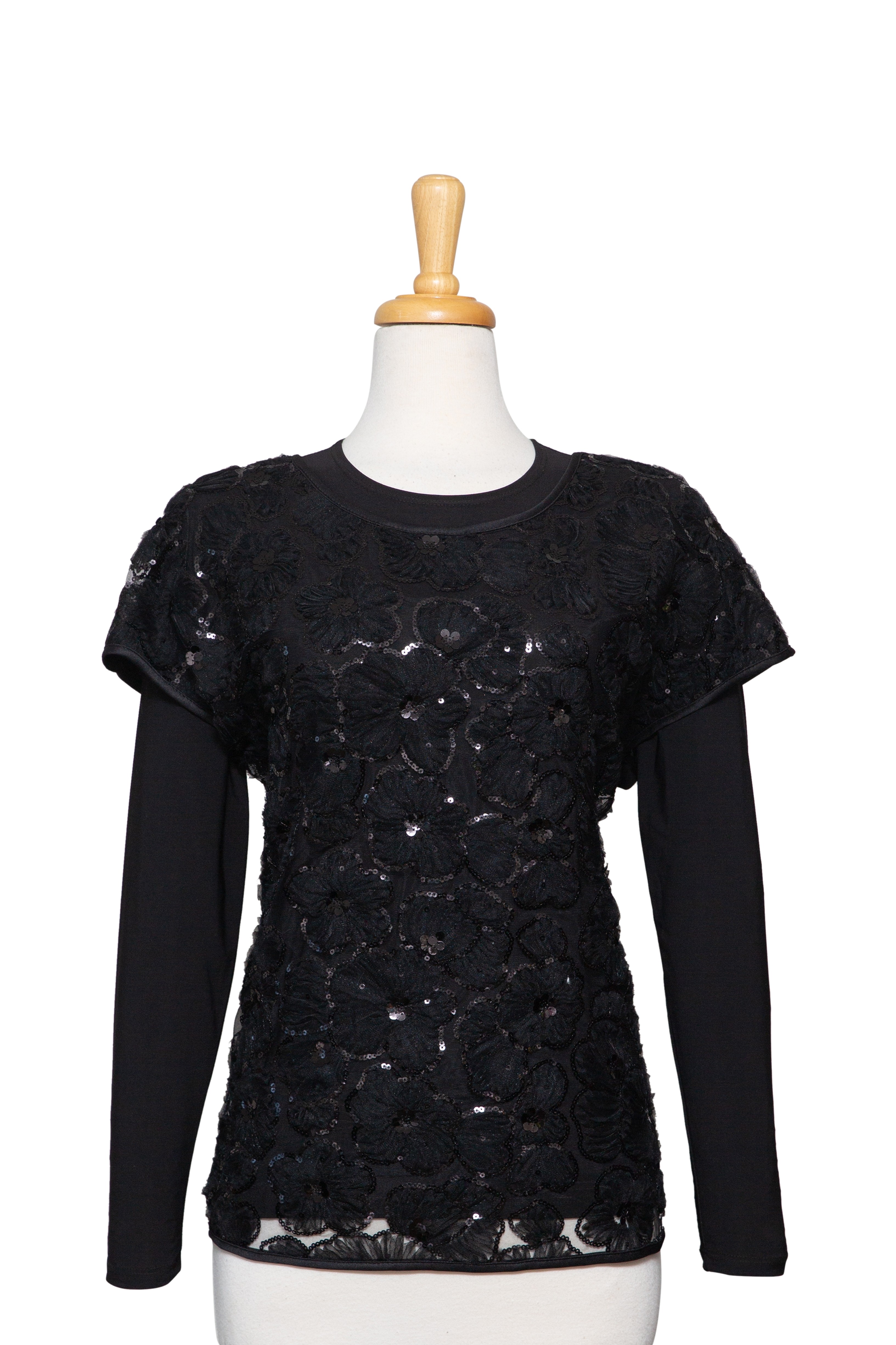 Black Organza Floral Sequins Lace Short Sleeve With Black Long Sleeve Microfiber Top