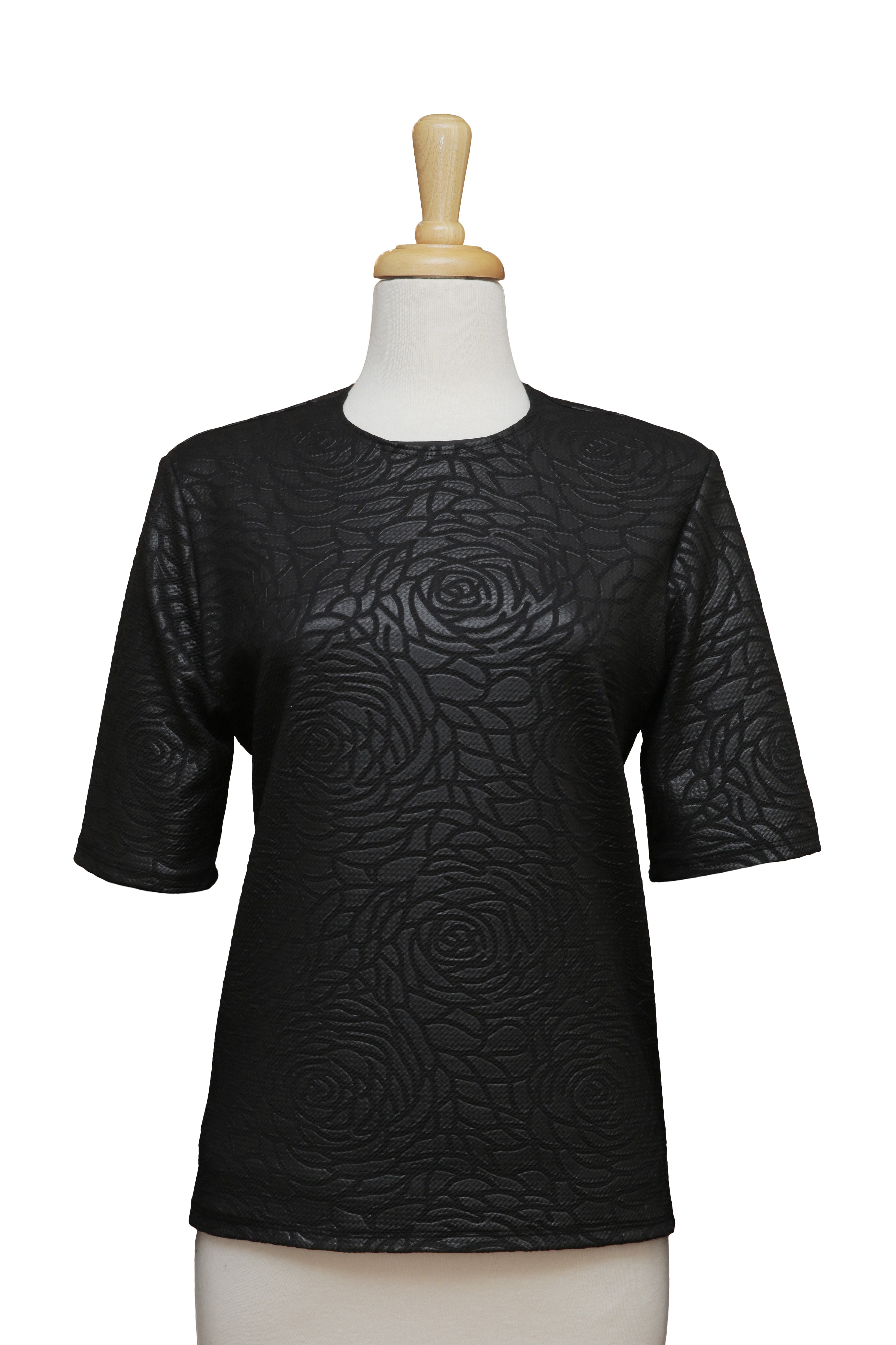 Black On Black Floral Embossed Short Sleeve Top