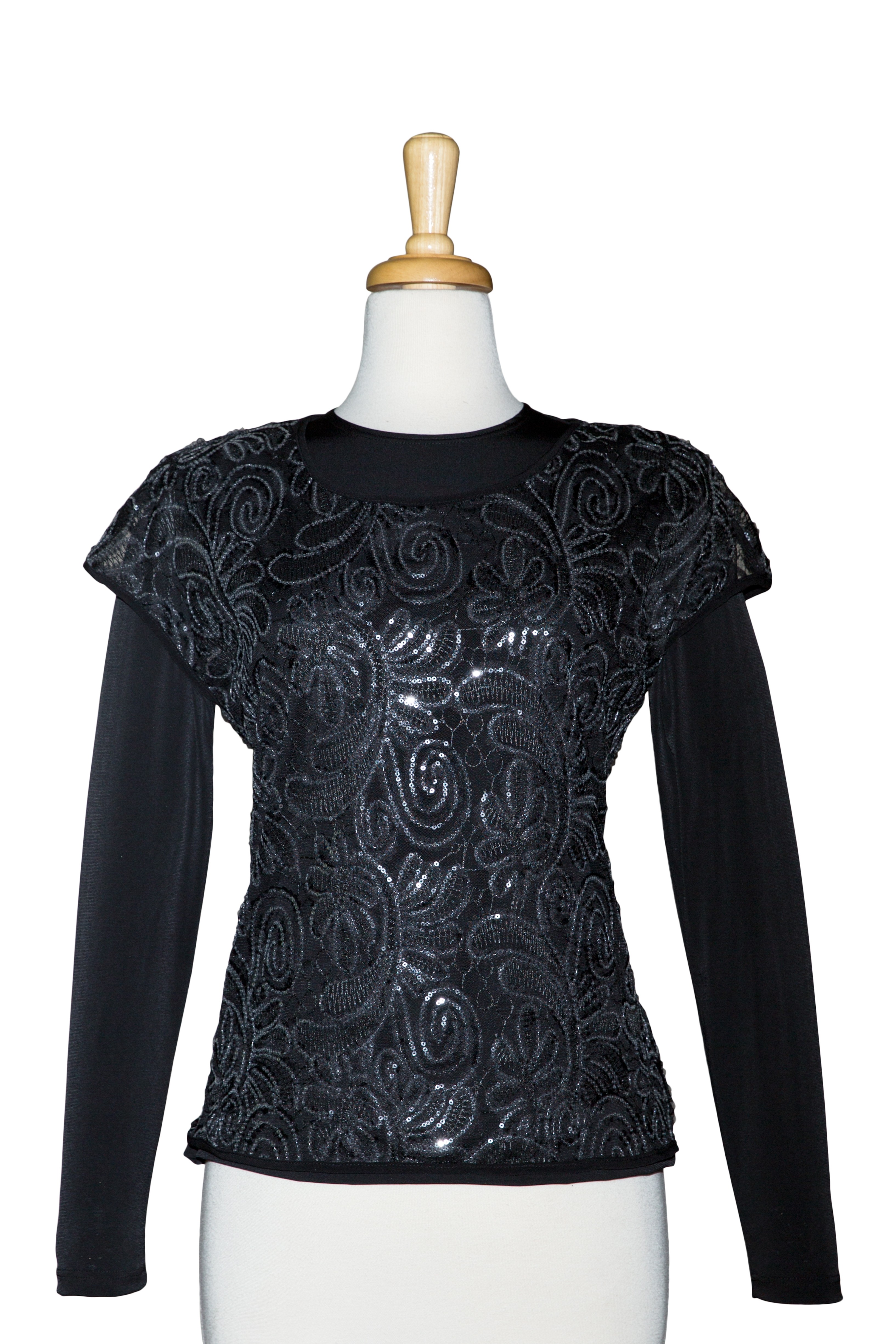 Black Paisley and Clear Sequins Lace Short Sleeve With Long Sleeve Microfiber Top