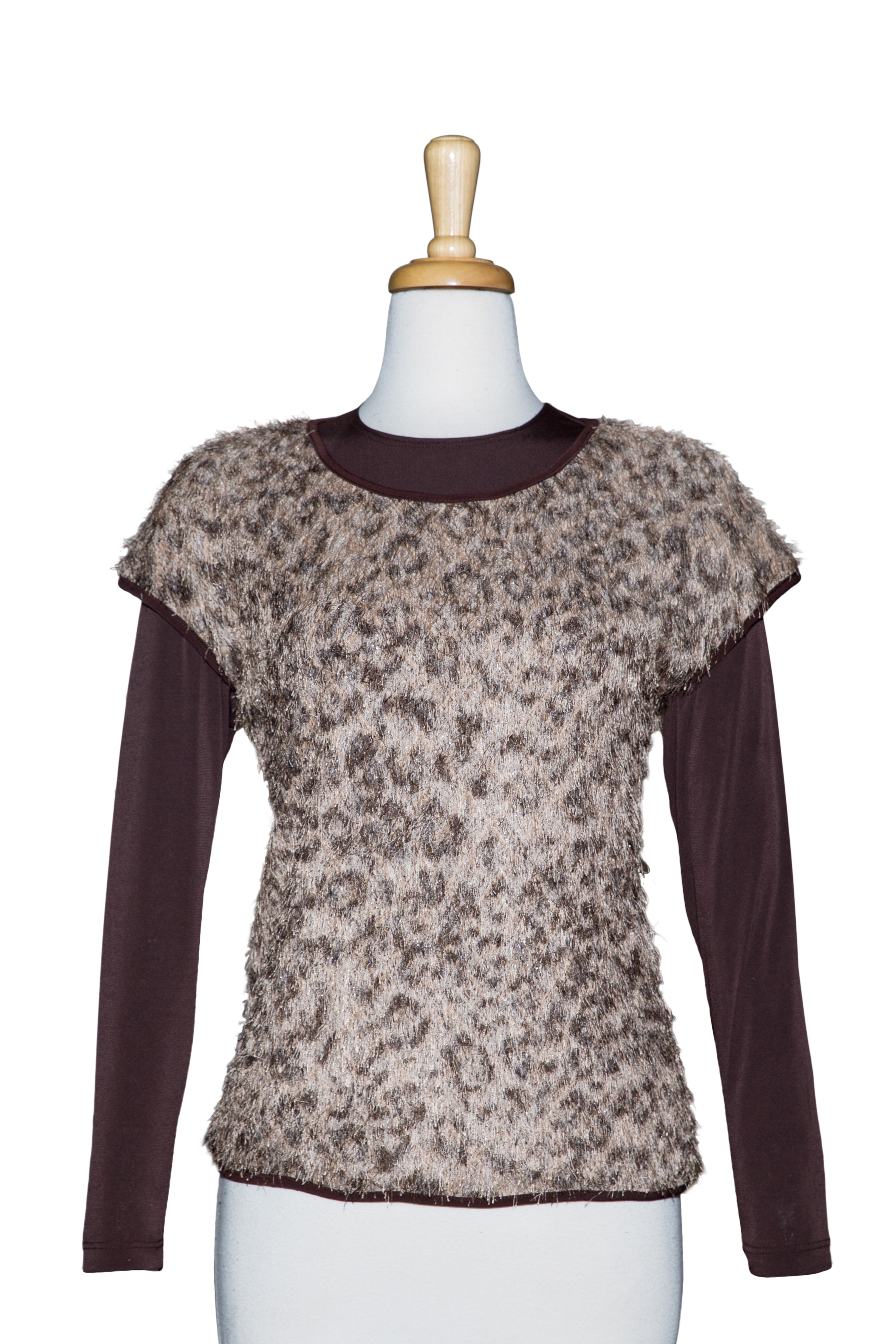 Beige and Brown Animal Print Fur Short Sleeve With Long Sleeve Microfiber Top