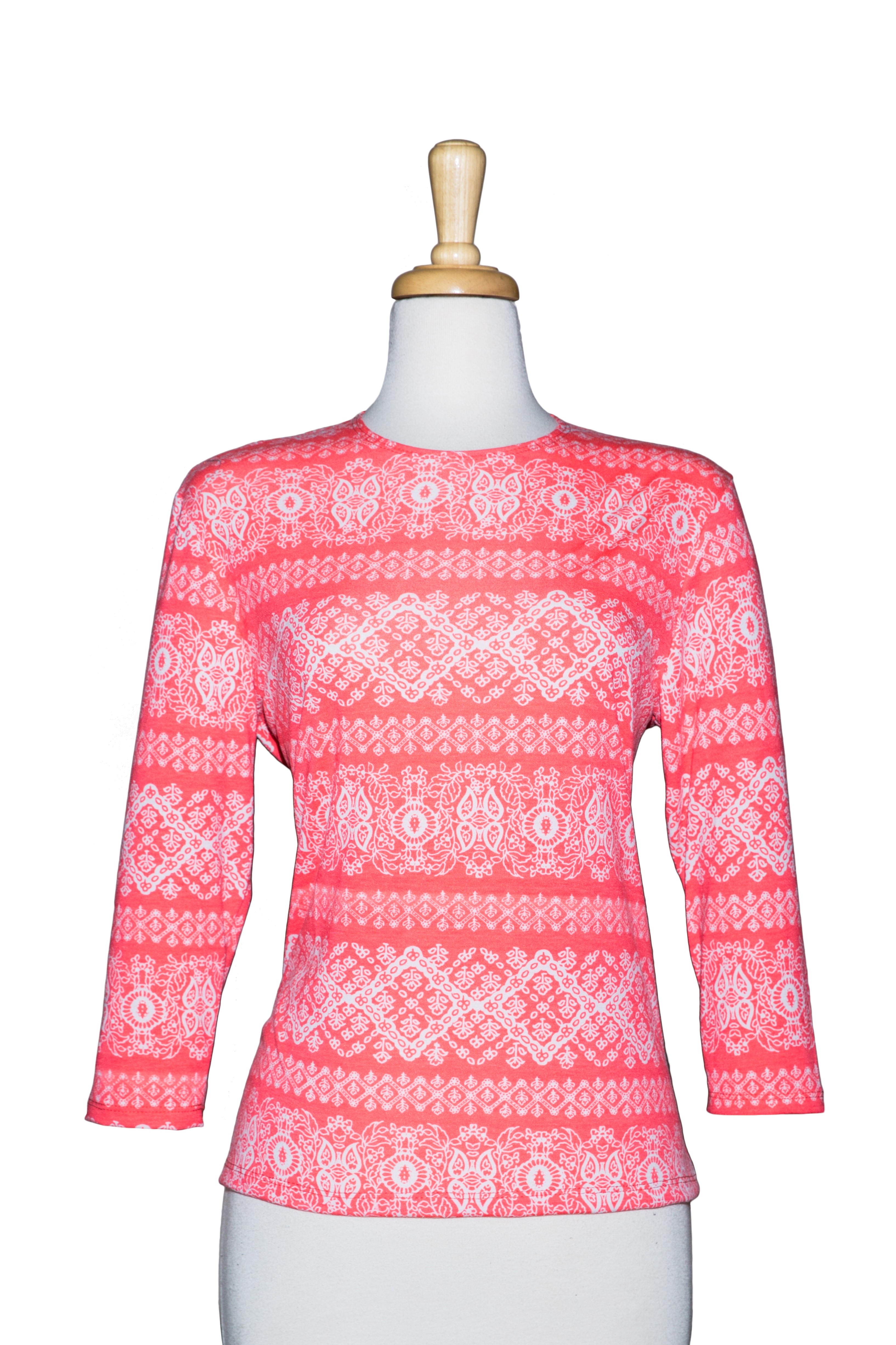 Plus Size Coral and White Diamonds 3/4 Sleeve  Cotton Top 