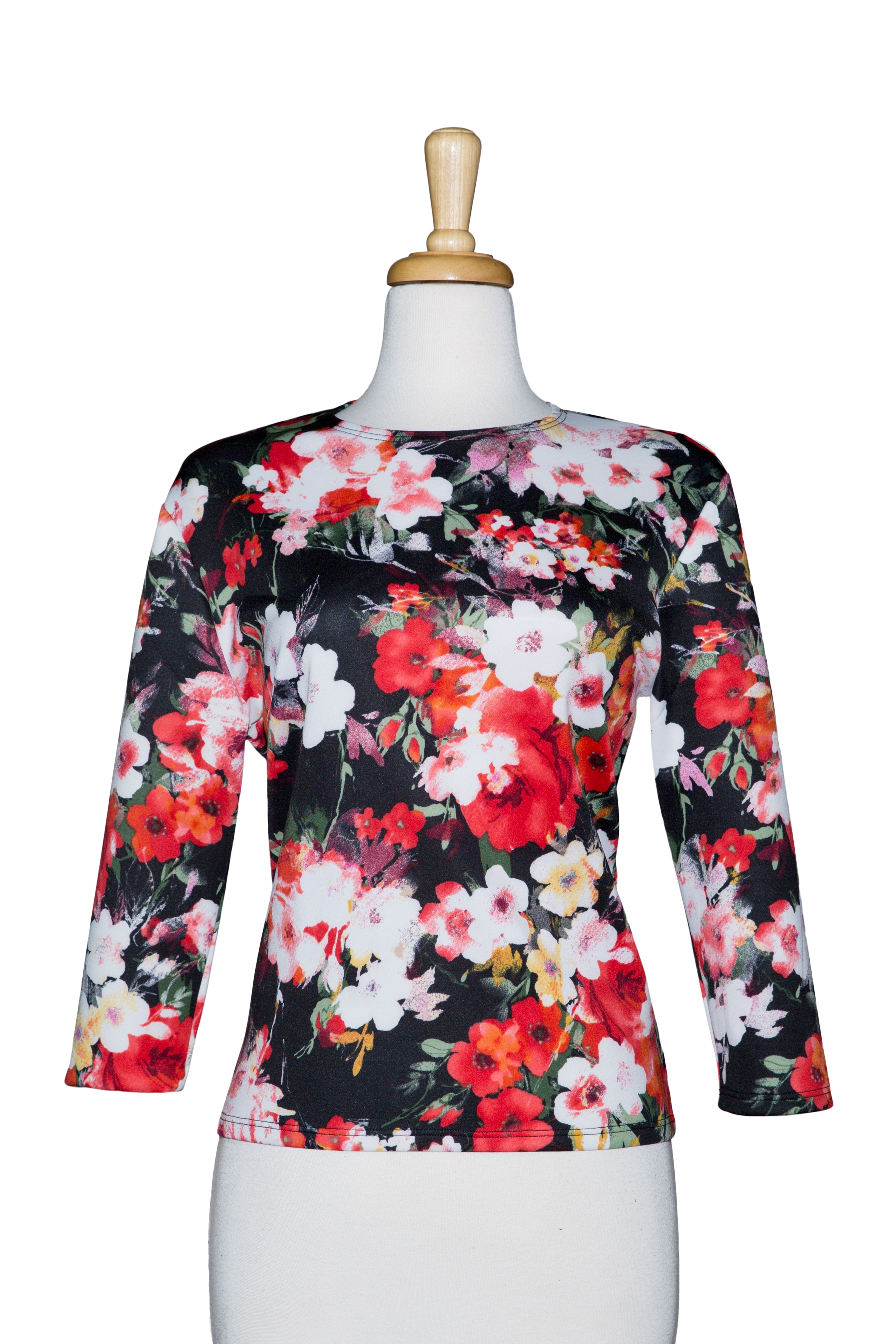 Black Red and White Floral Light Scuba Knit 3/4 Sleeve Top 