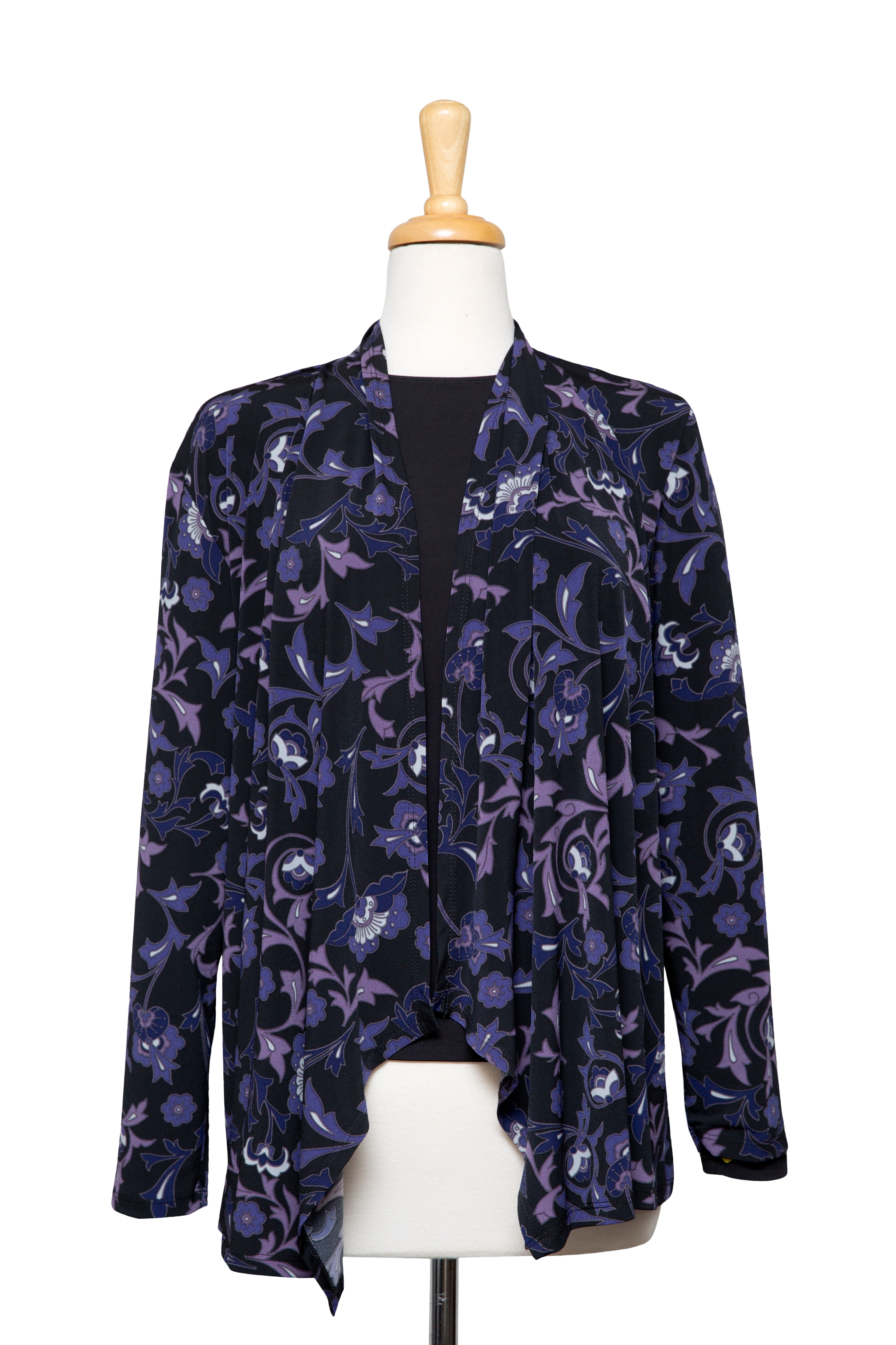  Two Piece Black and Shades of Purple Floral Microfiber Shawl Collar Set