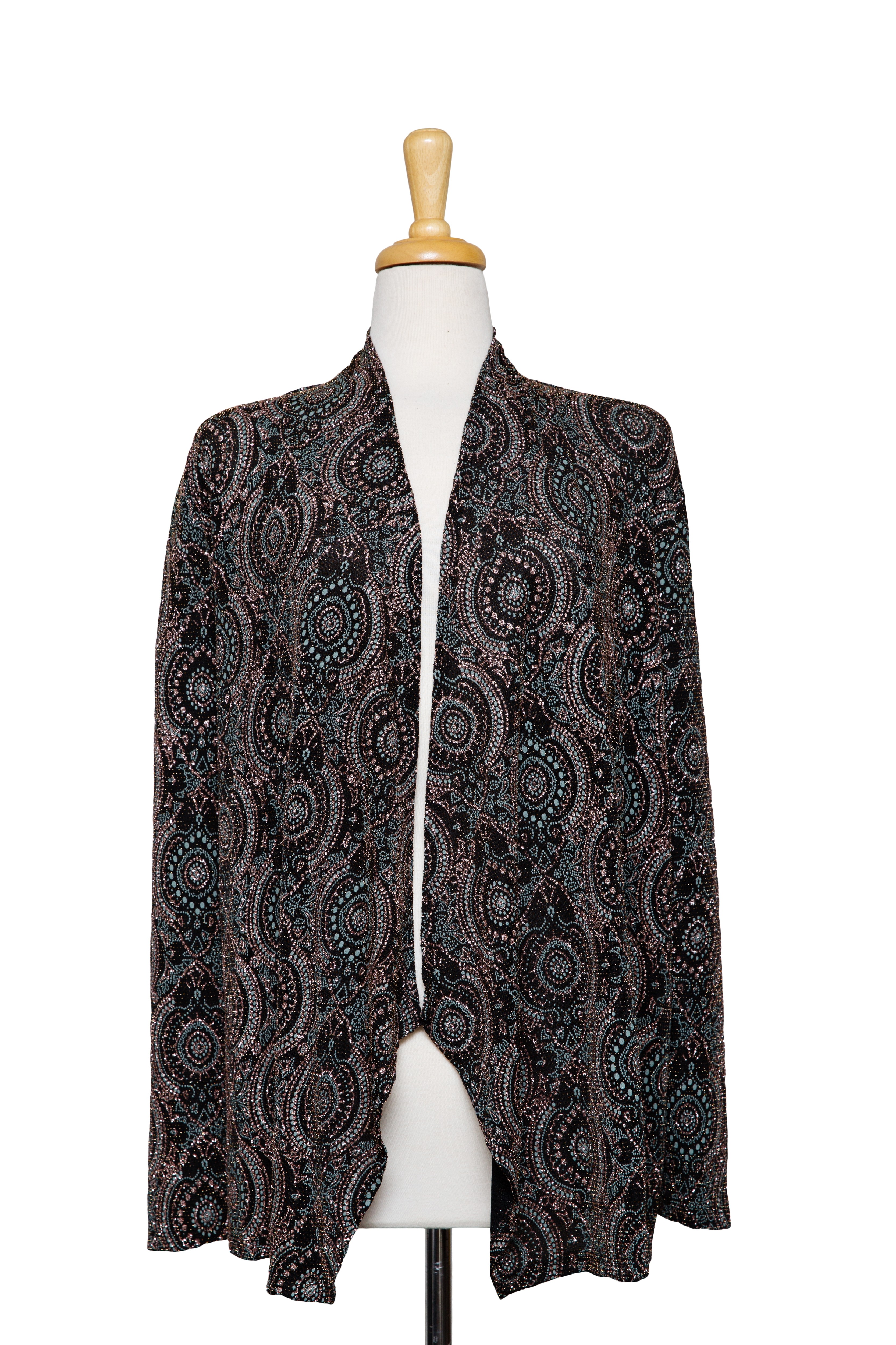 Gold Metallic and Sage Emblems Slinky Shawl Collar Jacket