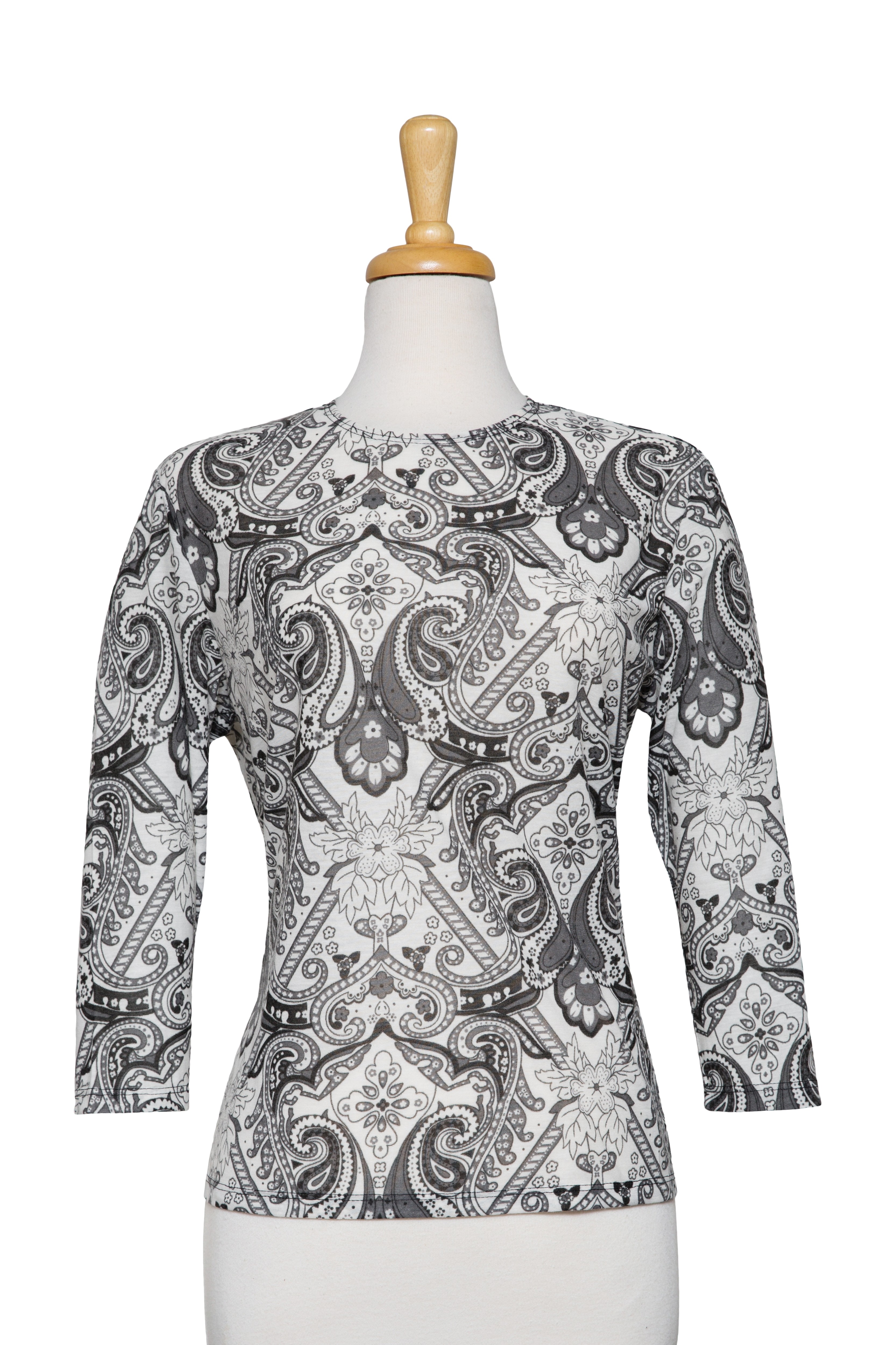 Plus Size Grey and Ivory Paisley Cotton 3/4 Sleeve Top 