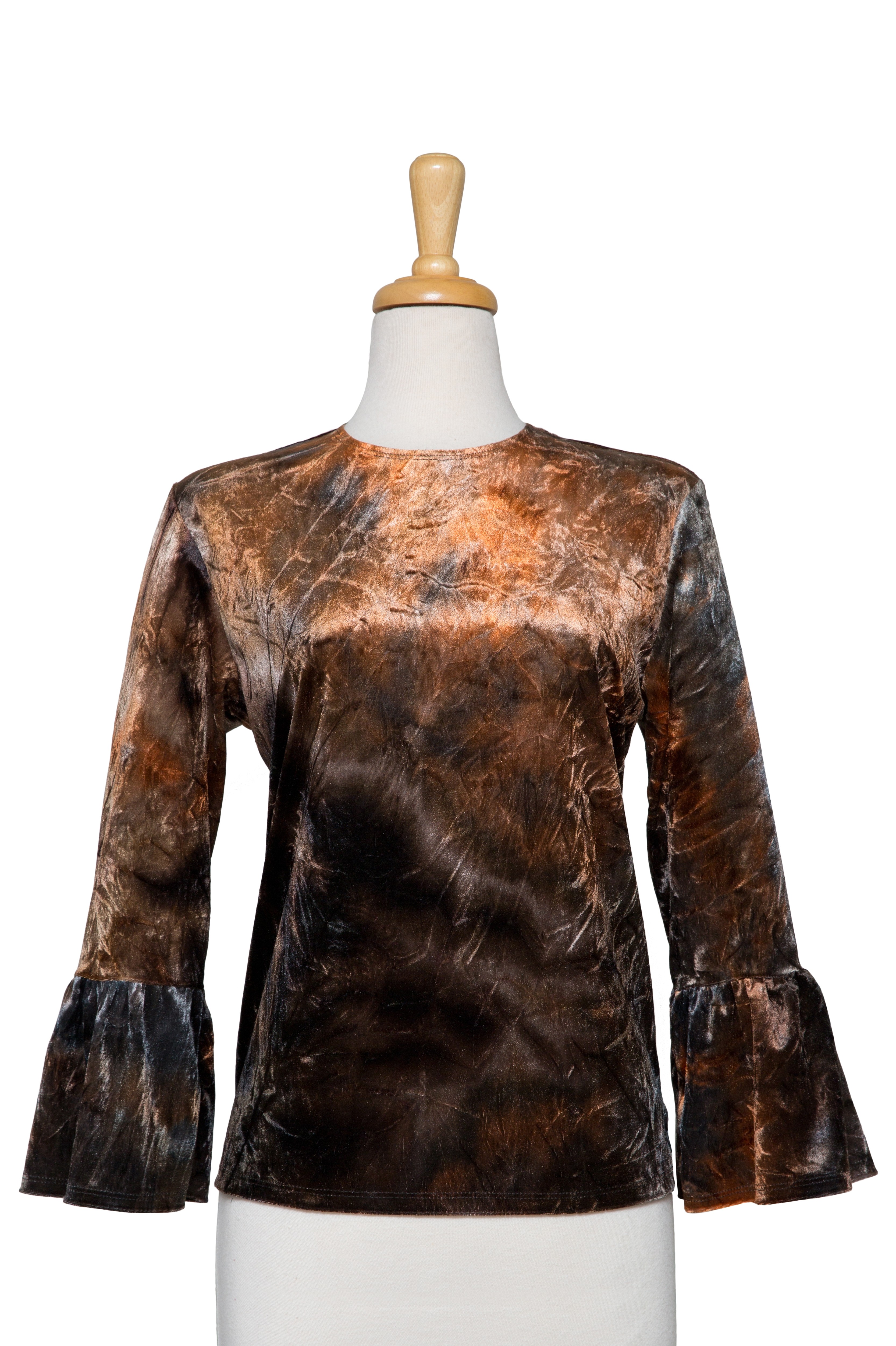 Charcoal and Copper Tie Dye Crushed Velvet Bell Sleeve Top