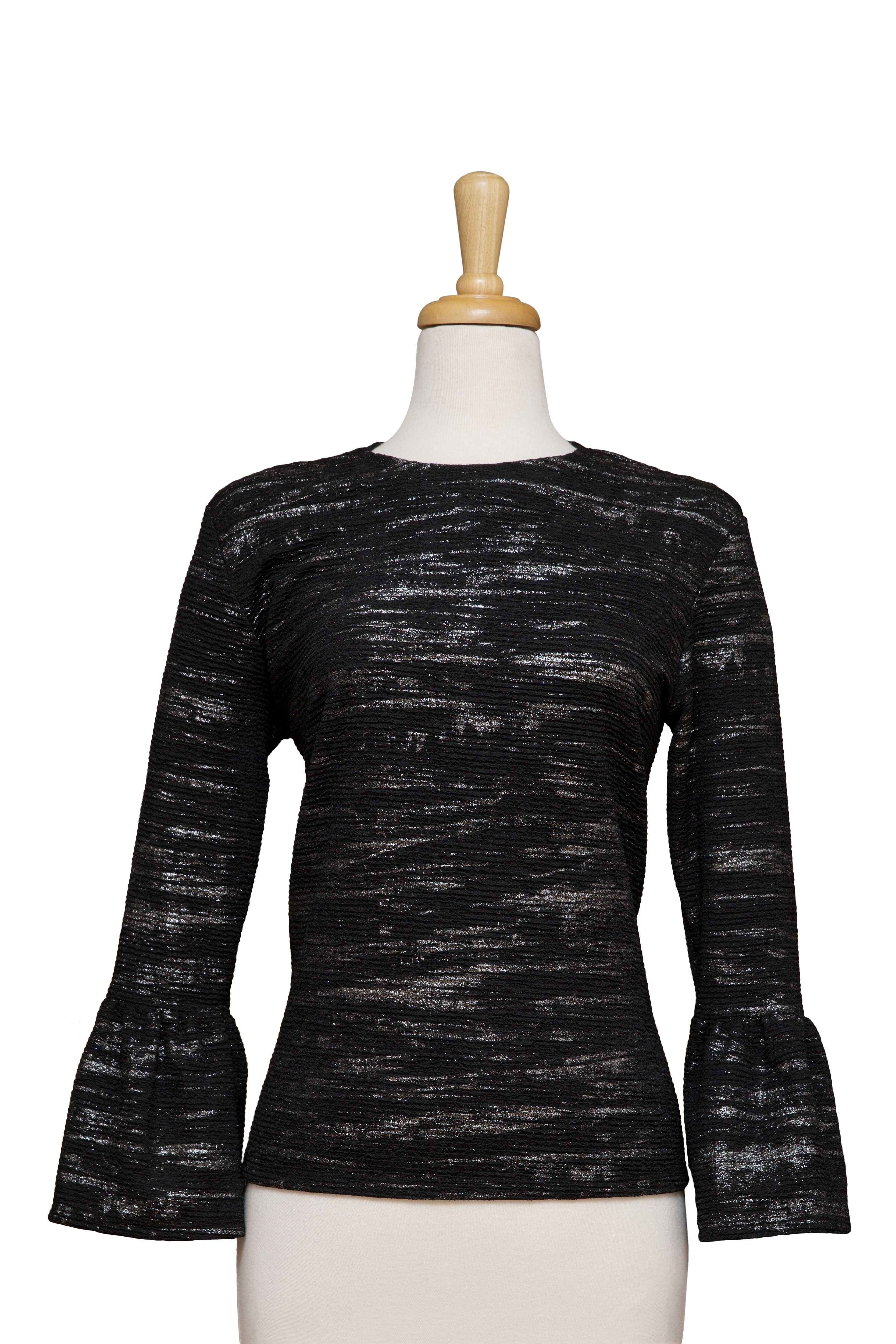 Black and Silver Crinkled Textured Bell Sleeve Top
