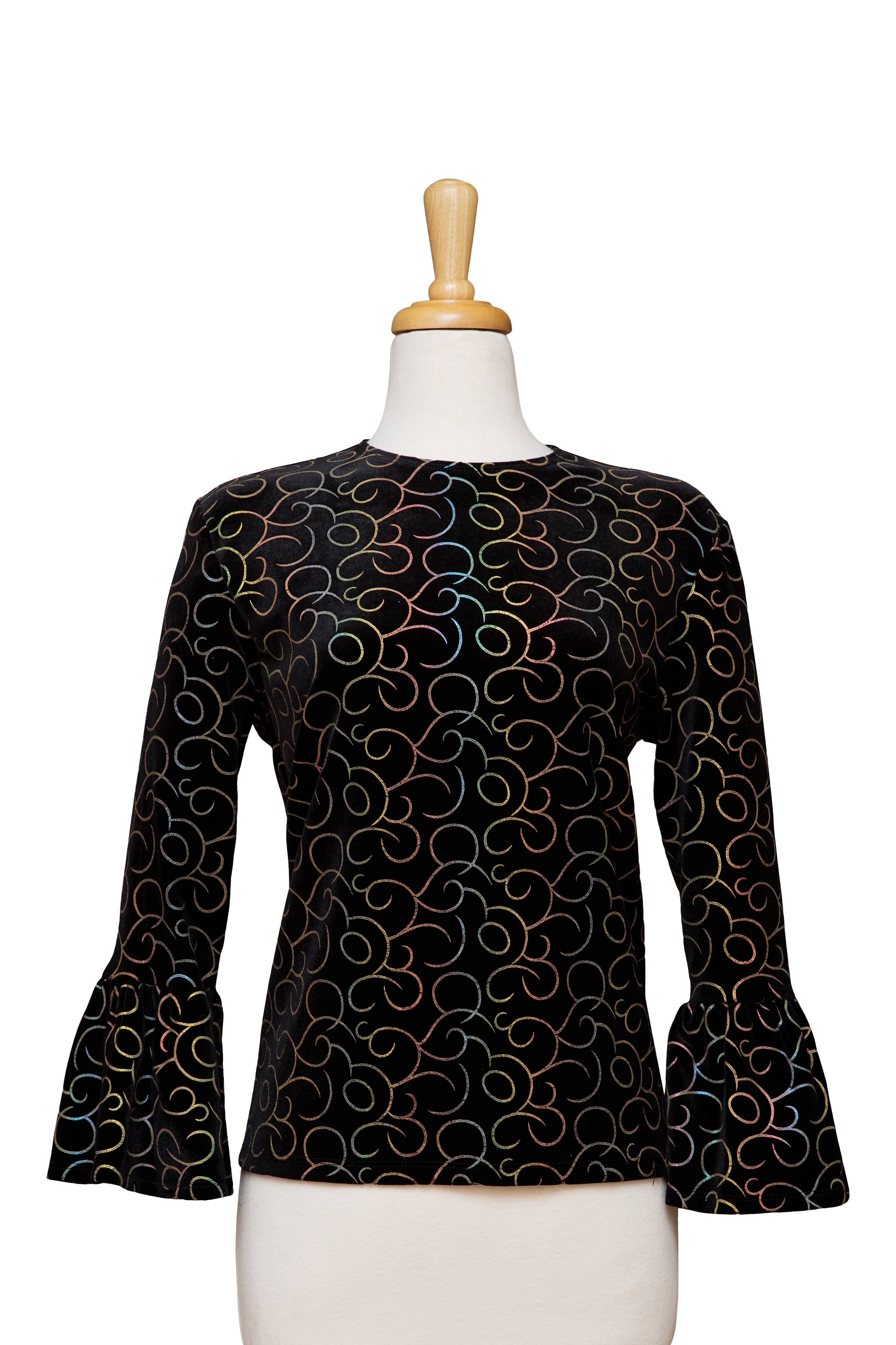 Plus Size Black Velvet With Multi Color Foil Swirls Bell Sleeve Top