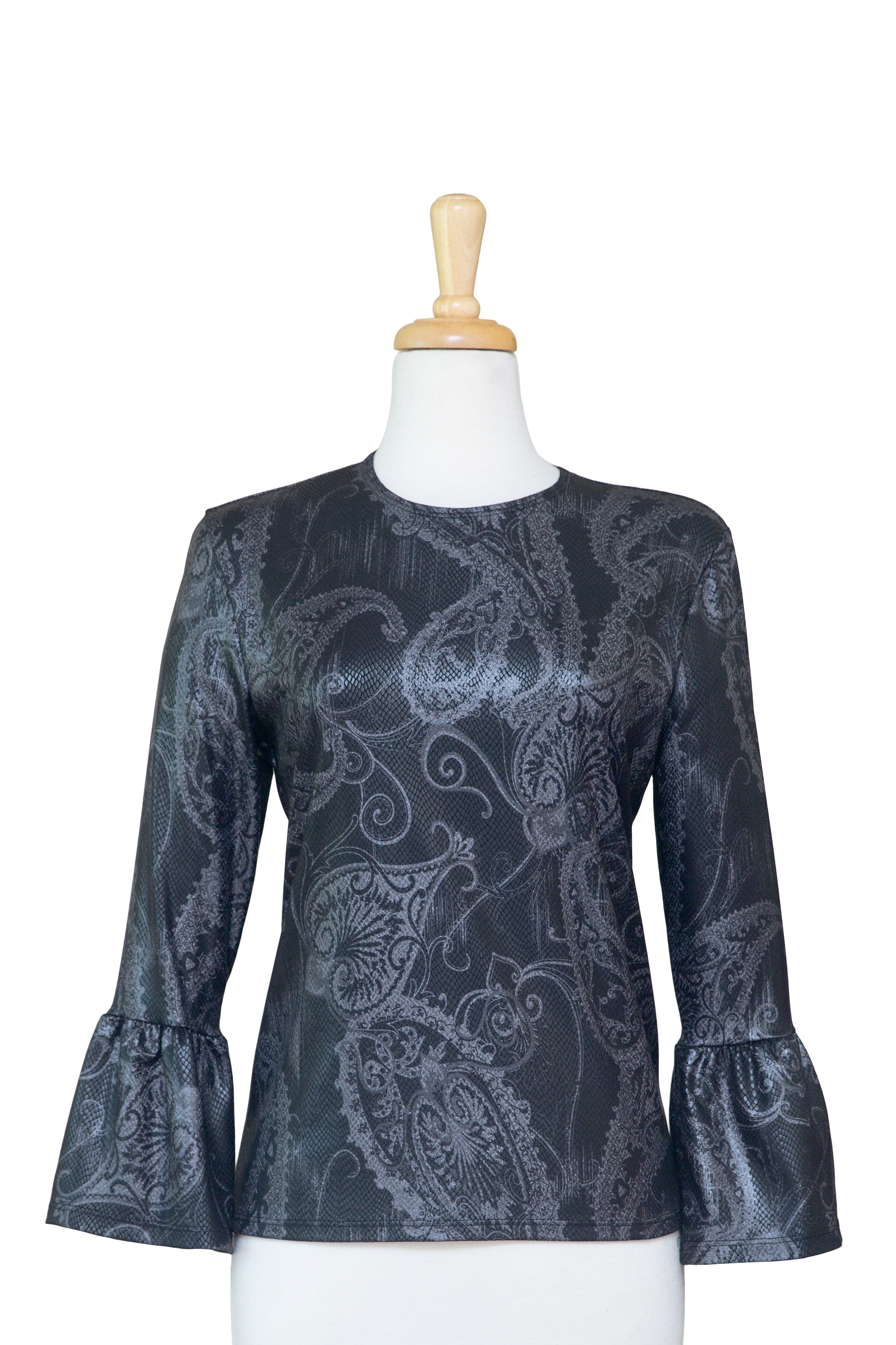 Black and Silver Paisley Bell  Sleeve Microfiber Top