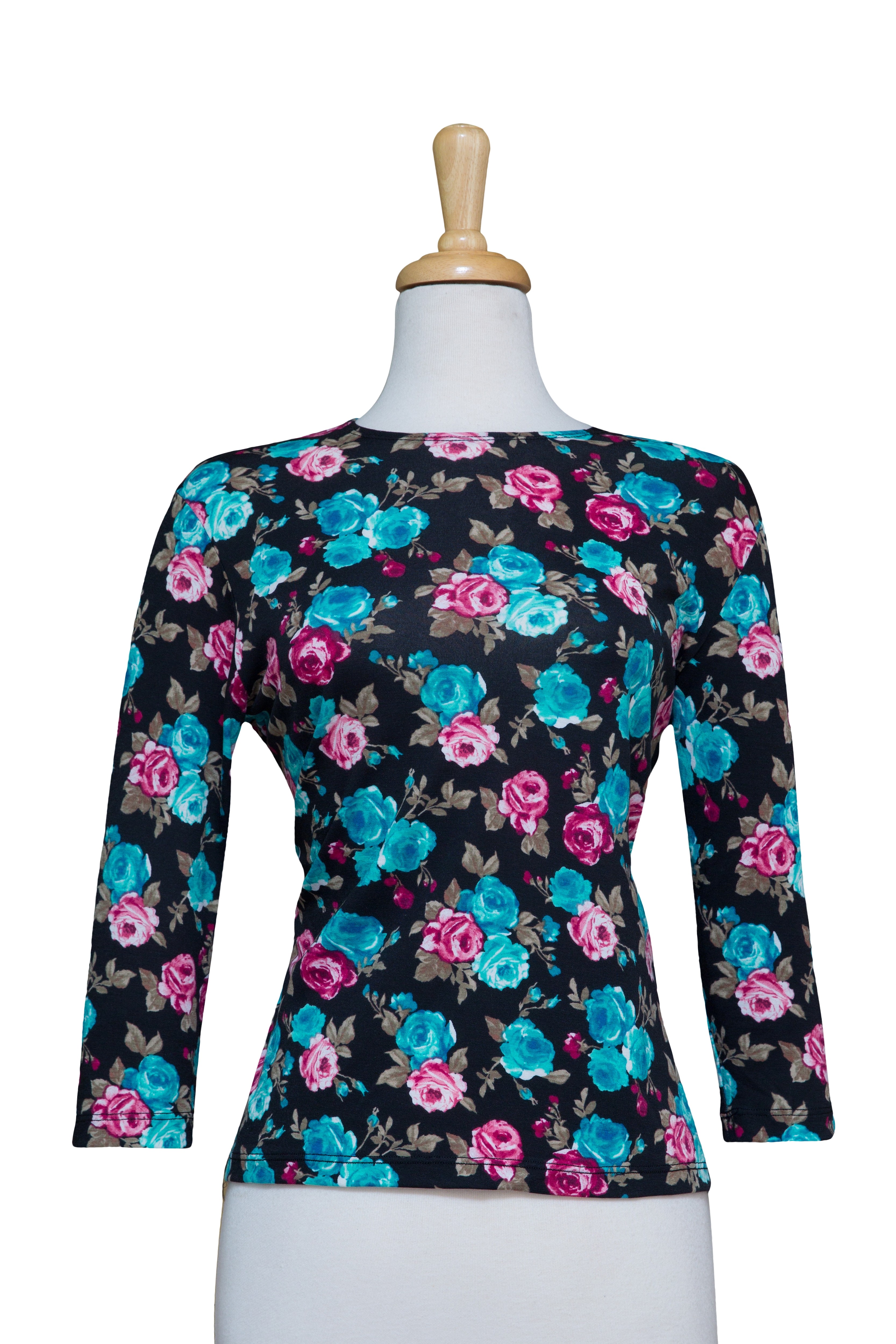 Black, Teal, and Pink Roses 3/4 Sleeve  Cotton Top 