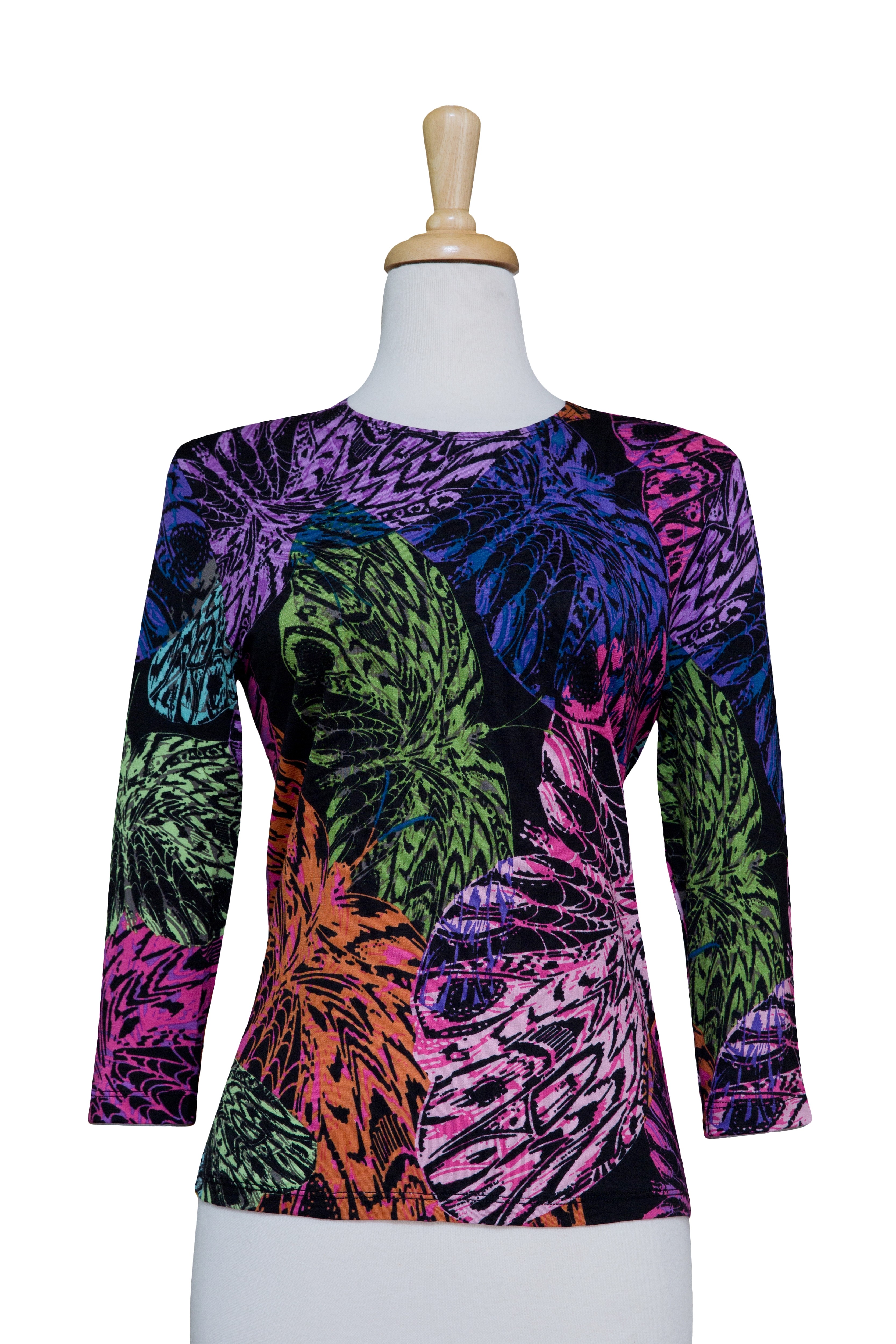 Black with Multi Colored Display of Leaves 3/4 Sleeve  Cotton Top 